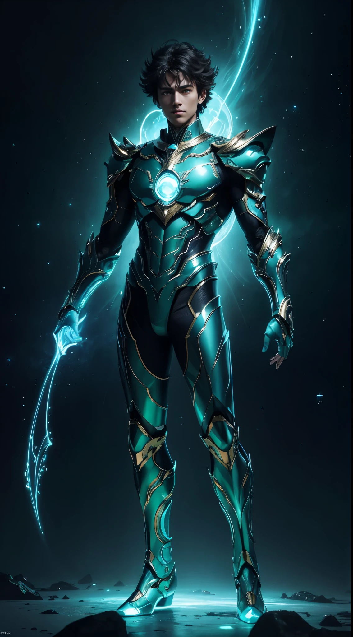 Masterpiece, Highest Quality, Ultra-Detailed, Hyper-Real, (seiya), a Man,Perfect Face, cinematic lighthing, full body, (Realistic),
Prompt:  Celestial humanoid male with a glowing blue aura and glowing green eyes, standing against a black background with blue and green light shining from both hands in a full body shot. Created using Unreal Engine 4 with cinematic lighting.  
[1] 

, a stunning celestial humanoid male emits a radiant blue aura complemented by glowing green eyes, surrounded by ethereal blue and green light emanating from both hands in a captivating full body shot. The intricate details evoke a sense of divine energy, resonating with the Unreal Engine 4 and cinematic lighting.

,
An otherworldly environment envelops the celestial humanoid male, blending hues of blue and green with cosmic surroundings that enhance the mystical essence permeating from his form.
,
The scene exudes a tranquil yet awe-inspiring atmosphere, capturing the essence of a celestial being imbued with a sense of divine power and grace.
,
A breathtaking and luminous style reminiscent of a digital illustration, highlighting the celestial humanoid male’s intricate features with a celestial glow and vibrant colors.
,
Executed with impeccable attention to detail using advanced rendering techniques and lighting effects to showcase the celestial humanoid male's divine essence in an otherworldly setting.

Negative prompt: washed out colors, mundane appearance, ordinary human, lacking intricate details, uninspired lighting, generic composition, unimpressive background, simplistic design, standard character model, lackluster execution, unoriginal concept, flat perspective, dull features, ordinary atmosphere, plain style, predictable artwork, underwhelming visuals, lack of artistic flair, common imagery, unremarkable portrayal, basic rendering, lack of creativity, generic lighting, dull texture, unimaginative scene, average artistic interpretation, uninspiring depictio
