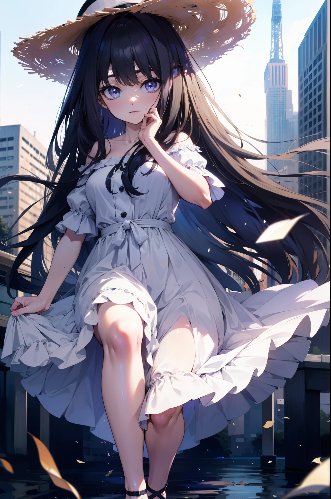 Takiuchi Kame, long hair, bangs, black hair, (purple eyes:1.2),Big straw hat,white off shoulder dress,long skirt,heel sandals,Walking and destroying the outdoors,In town,Destroy the building area (masterpiece:1.2), highest quality, High resolution, unity 8k wallpaper, (figure:0.8), (detailed and beautiful eyes:1.6), highly detailed face, perfect lighting, Very detailed CG, (perfect hands, perfect anatomy),