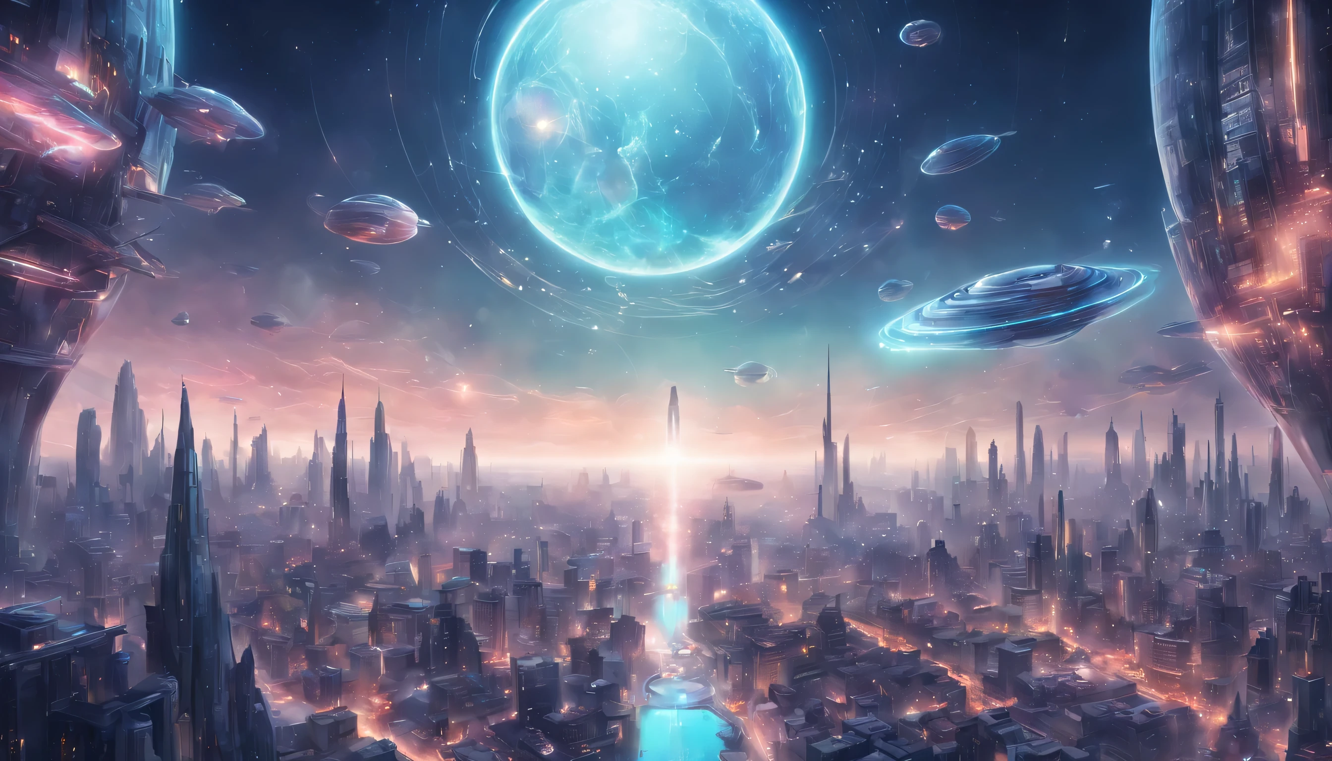 Highly detailed illustration of a hidden world inside planet earth, atmosphere, futuristic city and spaceship in the background, holographic shimmer, whimsical lighting, futuristic ambiance, soft textures, imaginative artwork, ethereal glow, silent Luminescence, whispering Silent, iridescent Encounter, vibrant background, by Skyrn99, rule of thirds, high quality, high detail, high resolution, bokeh, backlight, long exposure