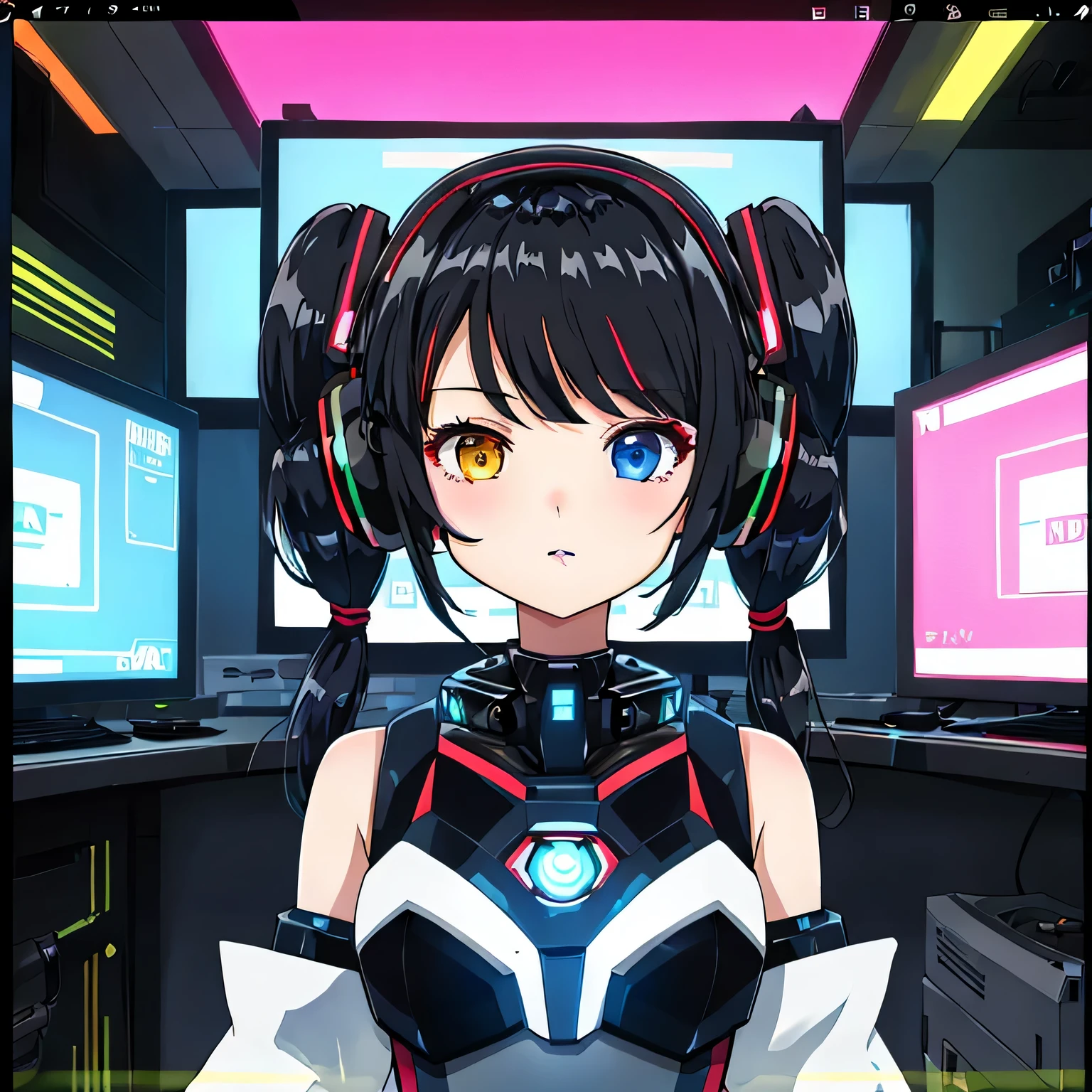 cute girl in cyberspace, hyperspace, hack futuristic computer network, Hacky, User interface, HUD, Red and Black , perfect hair, perfect face, heterochromia iris, colorful hair, computer screen, screen, behind screen, {{Braid}}, short hair, headphones, headset, twin tails, Mecha, Mecha musume, Mechanical body, Mechanical arms,   