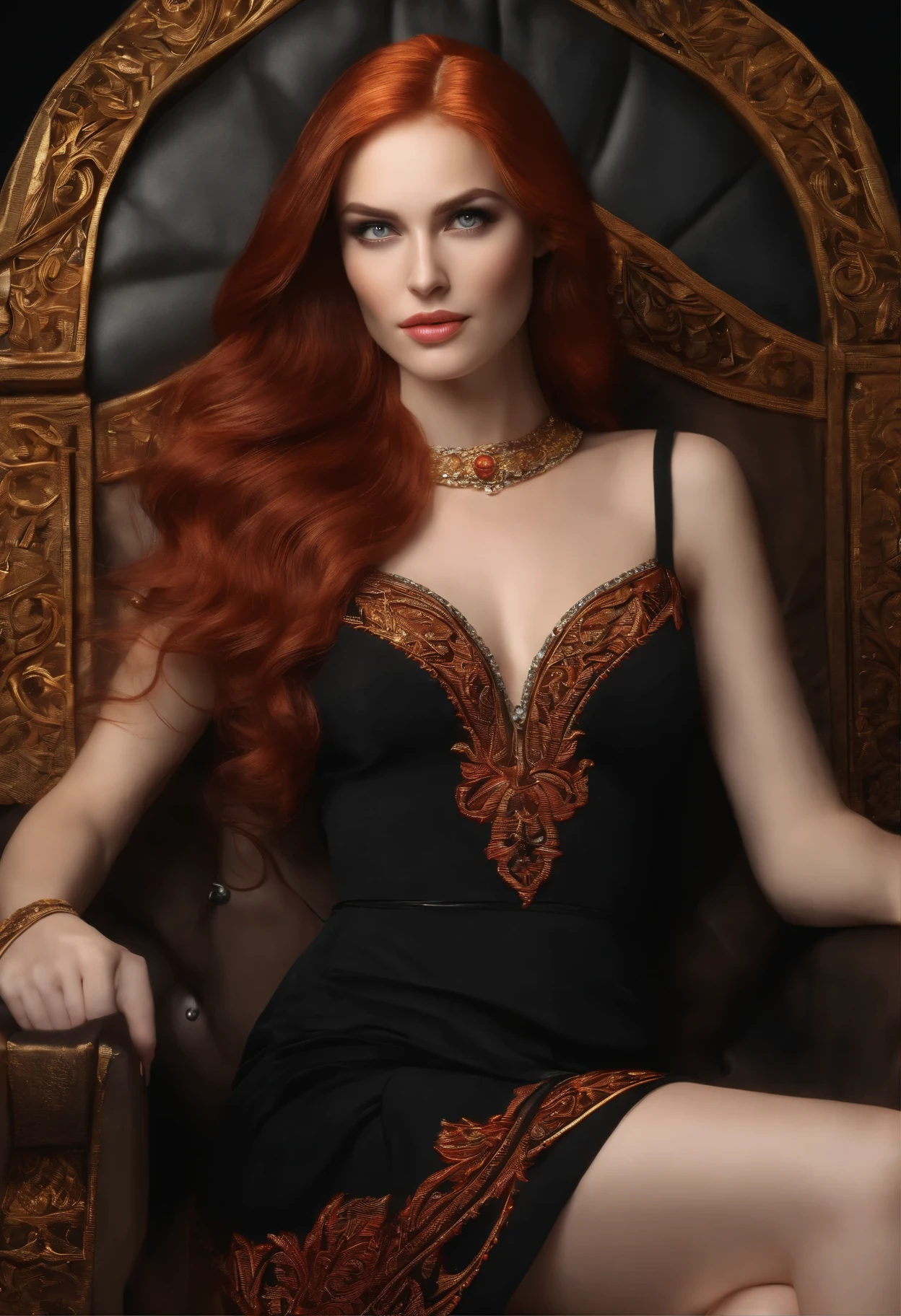 long red hair, amber eyes,yellow eyes, ((long black dress with fiery luminous pattern)), ((beautiful face)), ((BEST QUALITY)), ((MASTERPIECE)), ((HIGH RES)), ((CINEMATIC LIGHTING)), ((DETAILED)), sitting on the throne, 30-years-old, aristocratic lady, masterpiece, best quality, proportional face, ray tracing, photorealism, flame print symmetry, lips, slight smile, french braid, eyes like a dragon, wearing red low slit, trending on artstation, 8k, HD, ful body, one face
