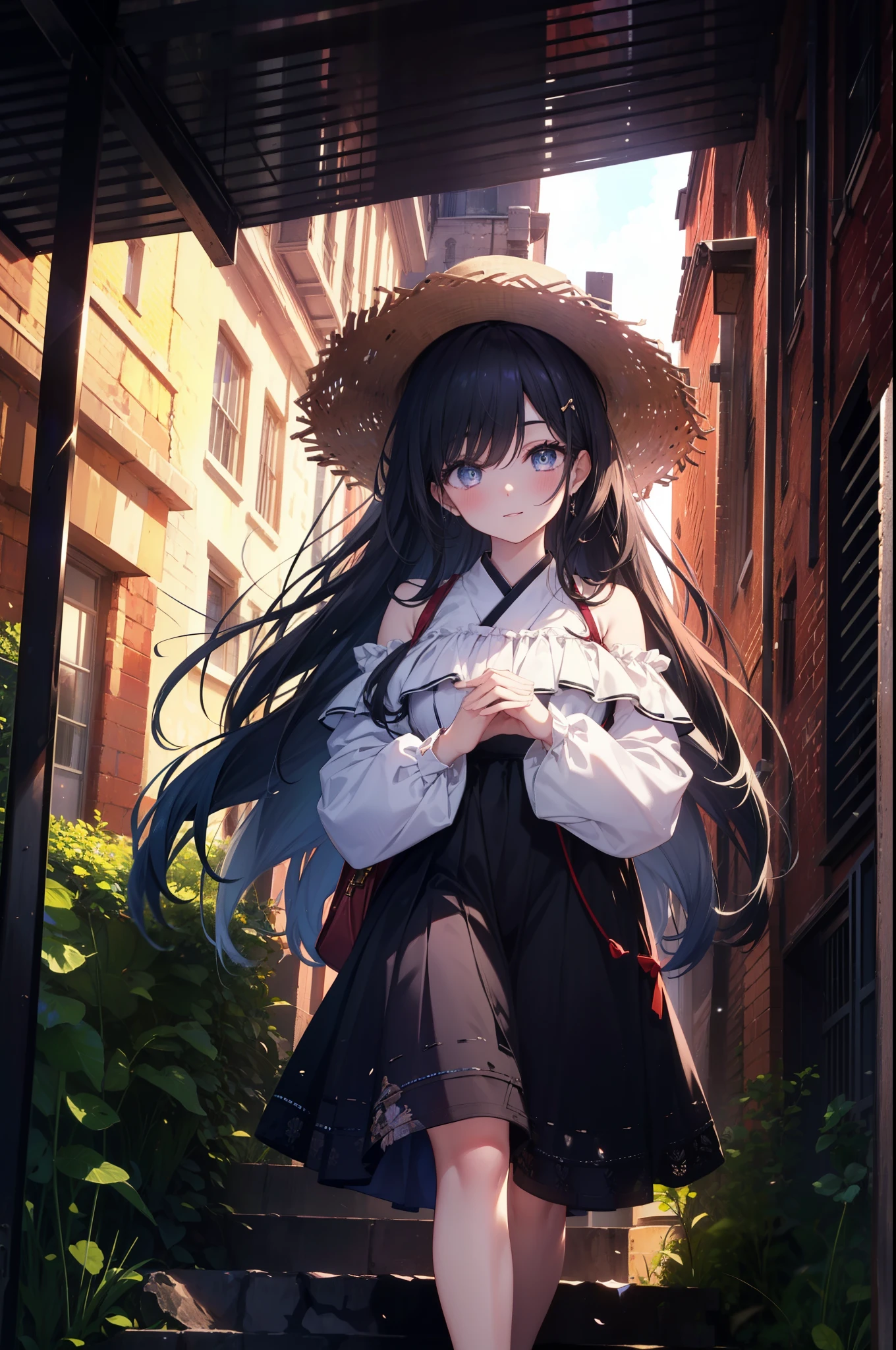 Takiuchi Kame, long hair, bangs, black hair, (purple eyes:1.2),blush,smile,Big straw hat,white off shoulder dress,long skirt,heel sandals,Walking and destroying the outdoors,In town,Destroy the building area (masterpiece:1.2), highest quality, High resolution, unity 8k wallpaper, (figure:0.8), (detailed and beautiful eyes:1.6), highly detailed face, perfect lighting, Very detailed CG, (perfect hands, perfect anatomy),