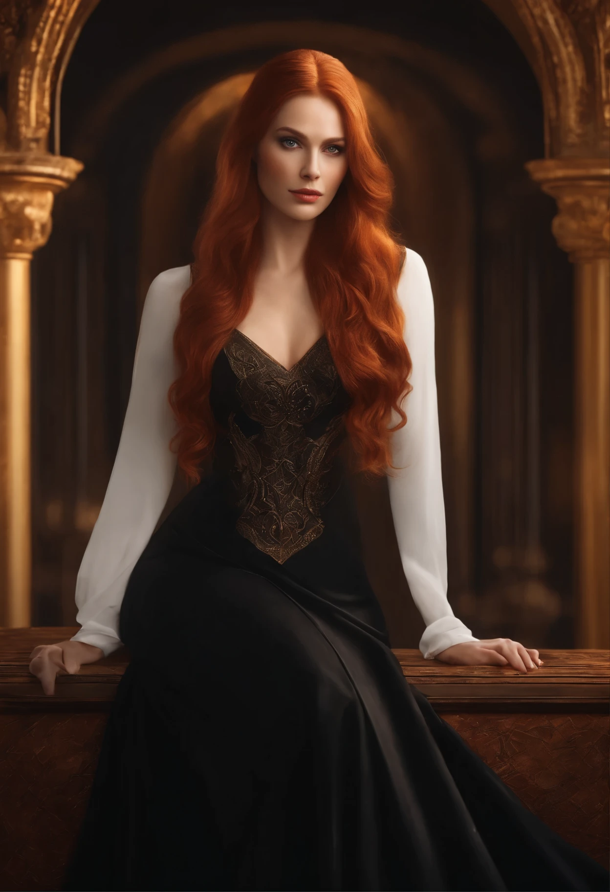 long red hair, amber eyes,yellow eyes, ((long black dress with fiery luminous pattern)), ((beautiful face)), ((BEST QUALITY)), ((MASTERPIECE)), ((HIGH RES)), ((CINEMATIC LIGHTING)), ((DETAILED)), sitting on the throne, 30-years-old, aristocratic lady, masterpiece, best quality, proportional face, ray tracing, photorealism, flame print symmetry, lips, slight smile, french braid, eyes like a dragon, wearing red low slit, trending on artstation, 8k, HD, ful body, one face