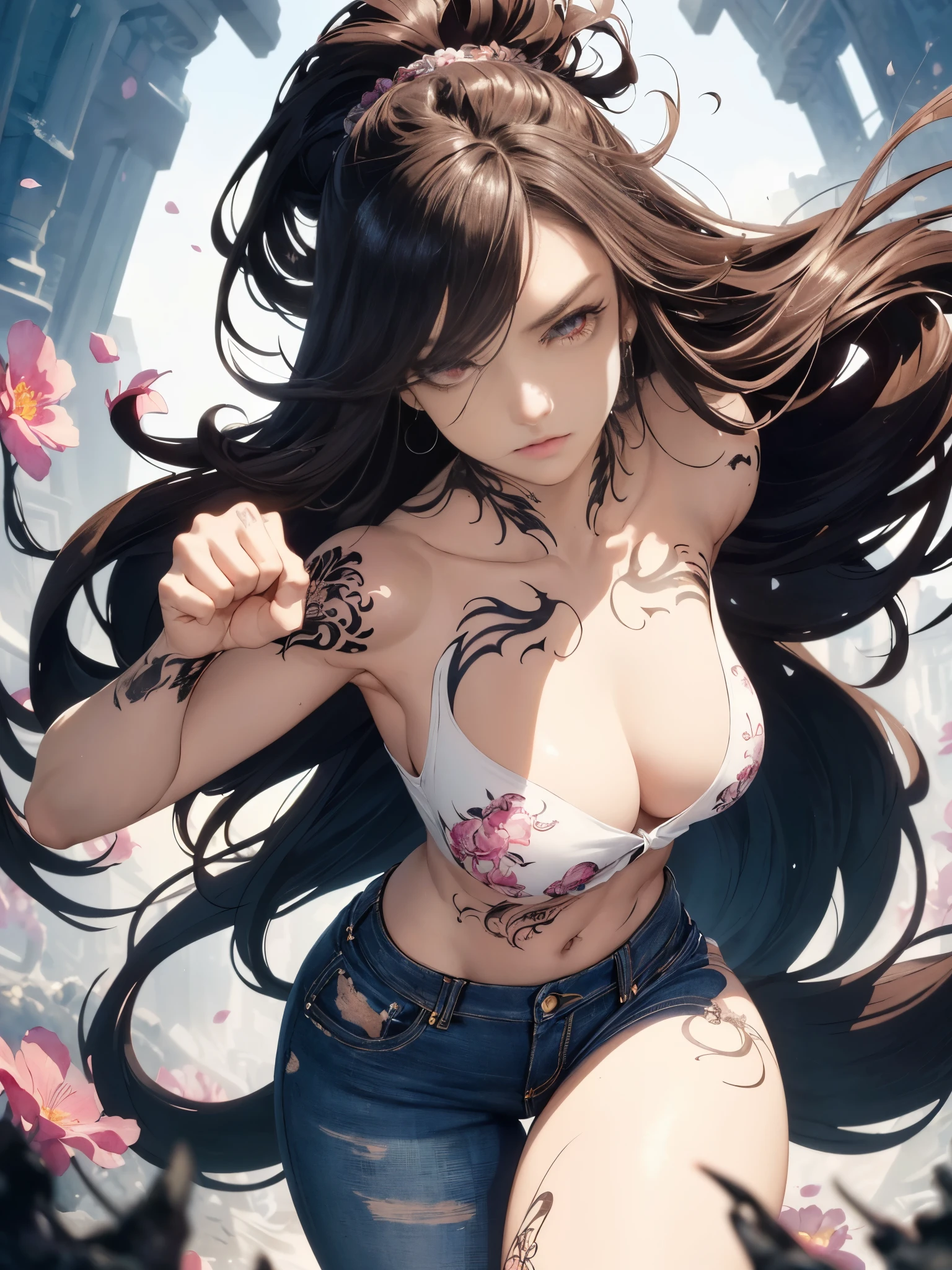 :: comix style by joe madureira :: beautiful, perfect and detailed, ultra detailed pink and black with details of white flowers super detailed, with dragon print on the sides of the dress, in various full-body attack poses and with immersive effects, hover effect, graffiti style background with detailed "hdr ultra" vibrant colors with hover effect, (masterpiece: 1.2, best quality), (finely detailed beautiful eyes: 1.2), ((Beautiful Woman)),long hair, smooth and black, with a natural shine and tied like a ponytail ((Solo)), (Red eyes: 1.4), (Finely detailed eyes and detailed face: 1.3),), (With ultra detailed jeans and a white shirt with full ultra detailed tattoo print:1.3), (Beautiful and clear background:1.2), (Extremely detailed CG, Ultra-detailed, Best Shadow:1.1),("" character demonstrating his super power on his fist"")(( Depth of field and blur)), ((Watercolor)), Large breasts, Bare shoulders, flowers and petals, beautiful concept illustration , (white background:0.5), (illustration :1.1), (extremely fine and beautiful: 1.1), (perfect details: 1.1) graffit style background, freedom, soul, digital illustation, perfect anatomy, centered, Approaching perfection, focus, (masterpiece: 1.2, best quality), (beautiful eyes with huge finely detailed eyelashes: 1.2) , , ((Solo)), (Finely detailed eyes and detailed face :1.3), in various full-body attack poses, (beautiful background : 1.2),futuristic costume, Super detailed circular metals Grabbed on the arms and pants, fantastic paintings