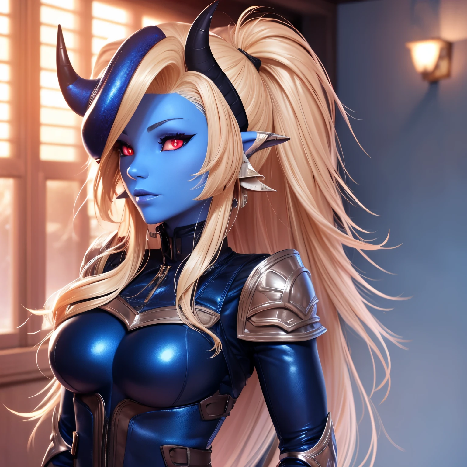 Metallic blue skinned, tiefling, halfling, girl, large bust, blonde hair, red eyes