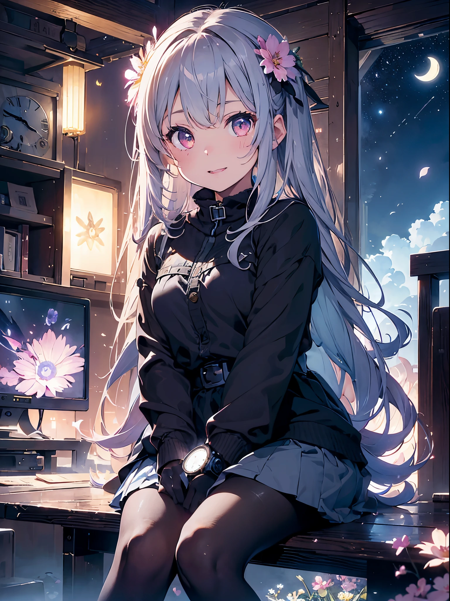 masterpiece、highest quality、1 girl、(Colorful)、(Are you okay, beautiful eyes and detailed face)、movie lighting、bust shot、Highly detailed CG Unity 8k wallpaper、gray hair、solo、laughter、intricate skirt、((flying petals)) 、(flower meadow) null、曇った灰のnull、architecture、moon明かり、moon、night、(dark theme:1.3)、Optics、fantasy、((((There are many clocks in the background)))、((((girl sitting))))