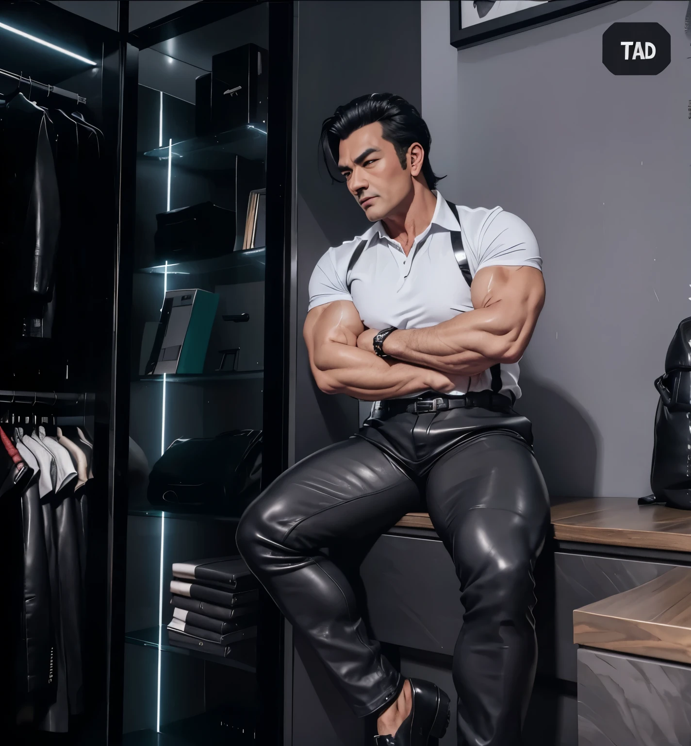 30 years old,daddy,"leather trousers man ",Dad sat on sofa,k hd,in the office,"big muscle", gay ,black hair,asia face,masculine,strong man,the boss is,handsome,,leather gloves,lecherous dad,look straight ahead,dad is handsome,dad is handsome ,dad is "horny dad"