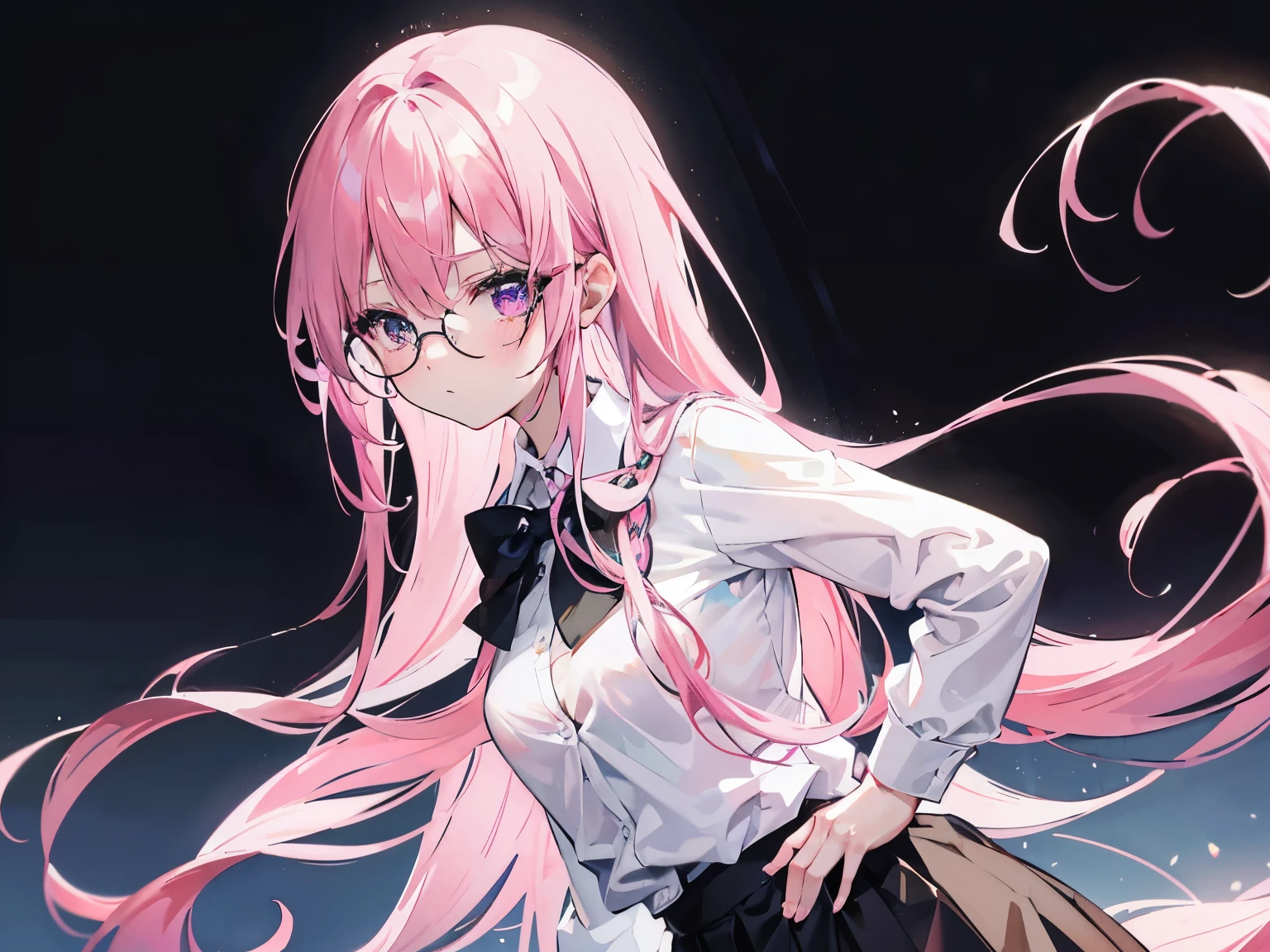 pink haired girl, 25 years old,  body, purple eyes, long hair,Green braid tied in bows left and right....wear glasses........small breasts, Wear a white shirt.. Wear a black miniskirt.. From America...Wear a black bra..,(shy).....The background is a school. Picture rated R18.+ Naked