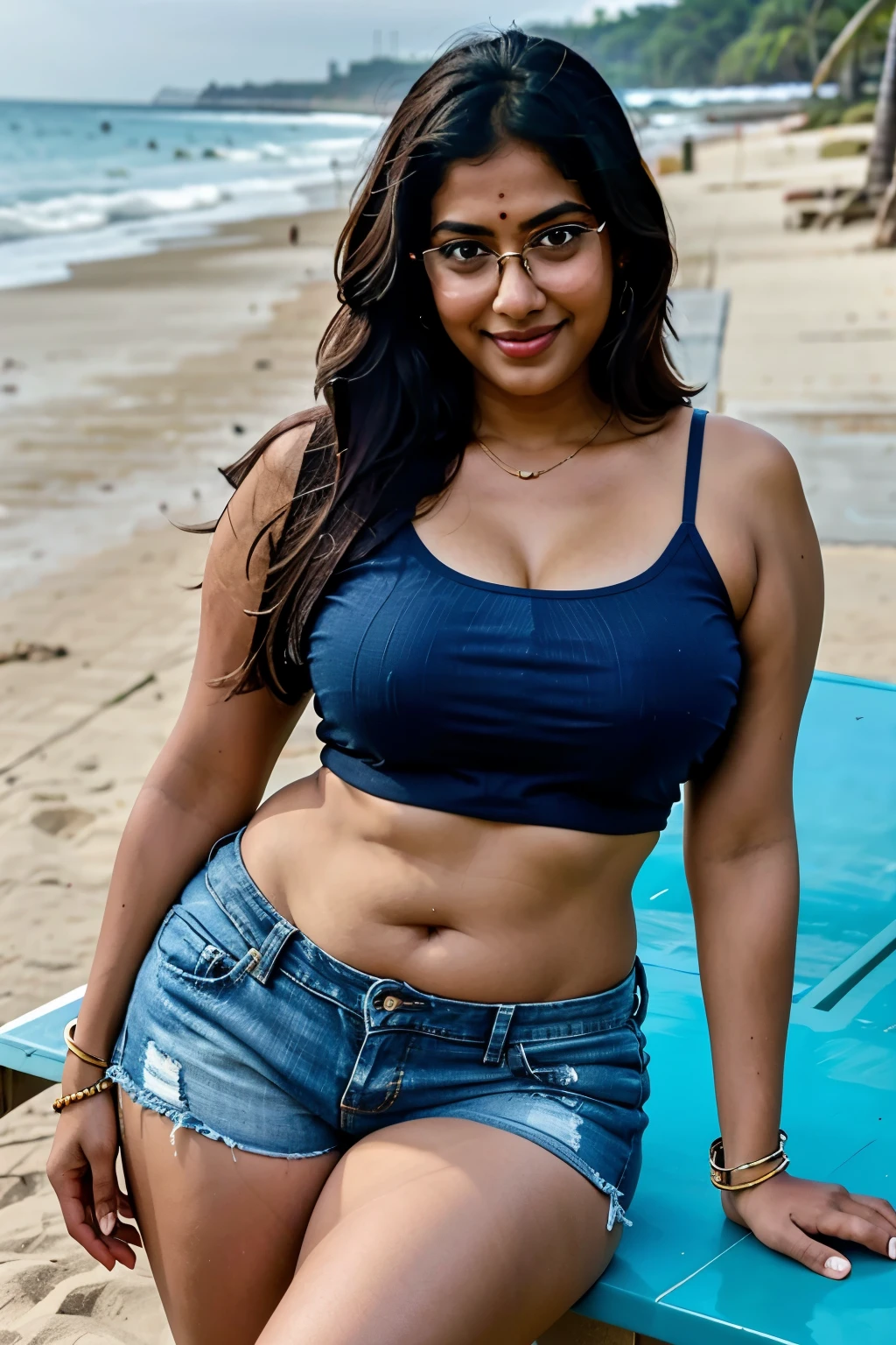 (best quality:1.15, masterpiece, hyper-realistic) desi Indian woman wearing (black) top and (denim) shorts, 20 years old, (curvy body:1.1), (eyeglasses), (bindi), (bangles), An Indian beauty, charismatic, dark-skin, view the viewer, naughty smile, in a beach