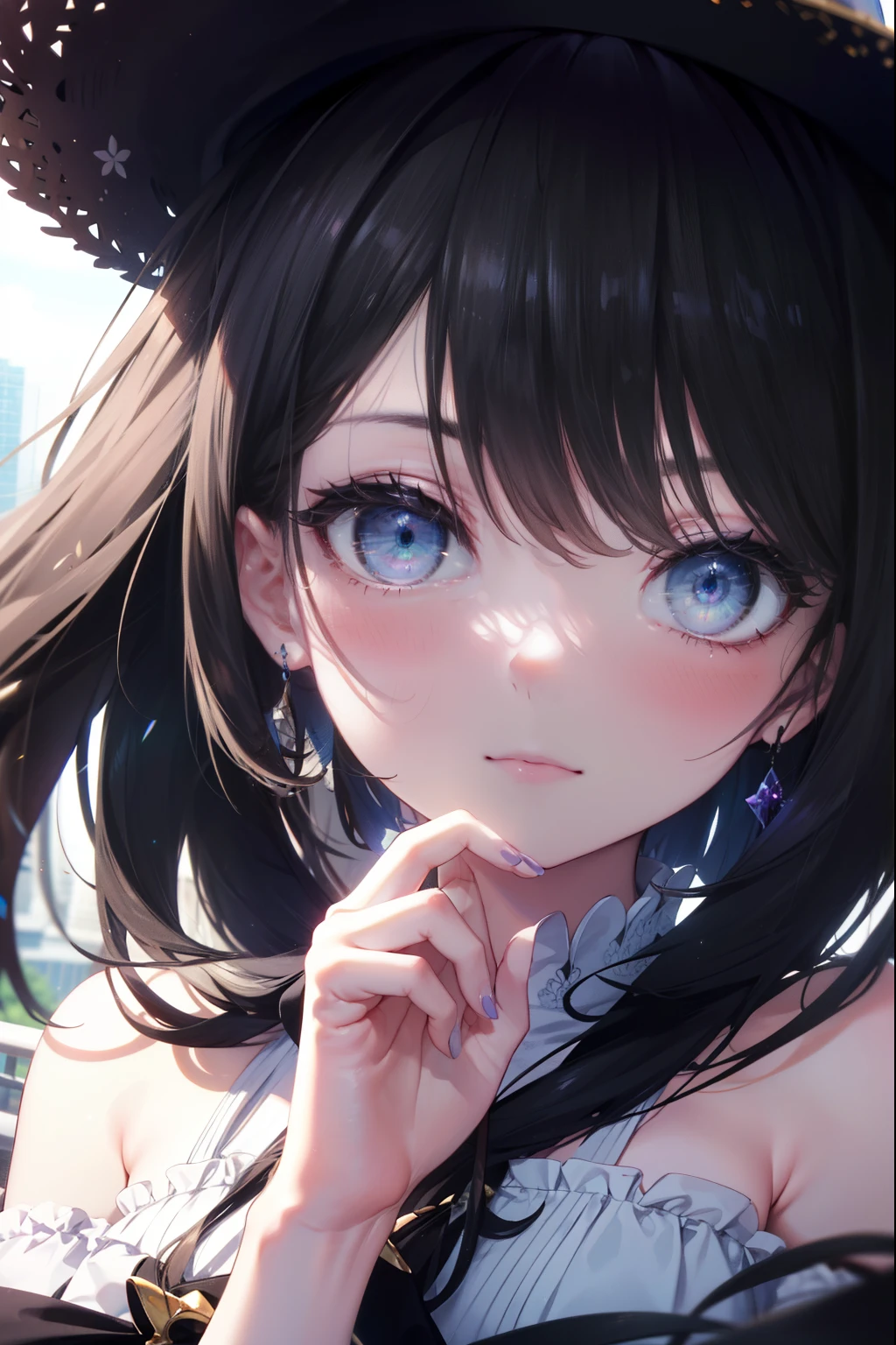 Takiuchi Kame, long hair, bangs, black hair, (purple eyes:1.2),blush,smile,Big straw hat,white off shoulder dress,long skirt,heel sandals,whole body,
break outdoors,In town,Destroy the building area (masterpiece:1.2), highest quality, High resolution, unity 8k wallpaper, (figure:0.8), (detailed and beautiful eyes:1.6), highly detailed face, perfect lighting, Very detailed CG, (perfect hands, perfect anatomy),