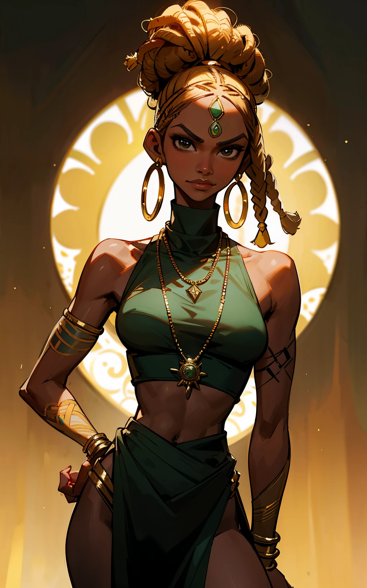 (Zendaya:Halle Berry) dressed like a nigerian chaman, red green and yellow sleeveless tunic, (high top fade haircut and dreads) tribal tattoo in the face, (golden rings necklace), Lovecraft atmosphere, masterpiece, hyperdetailed