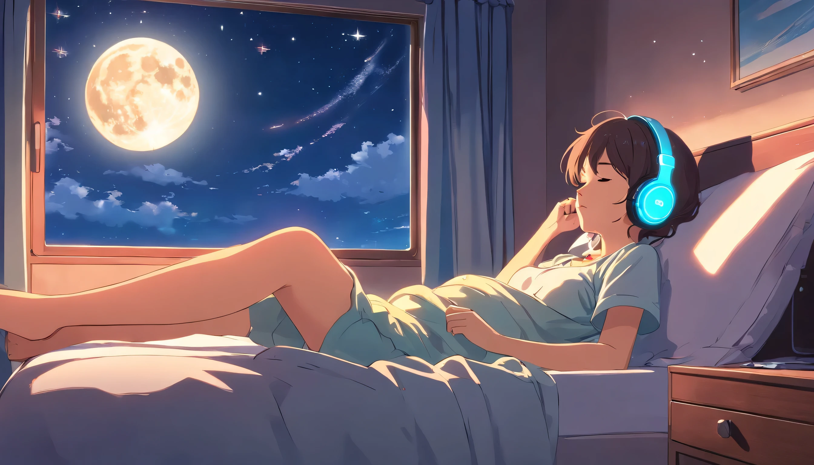 (masterpiece) a girl (Miss) sleep in bed, on her bed, wearing headphones, Window showing moon and stars, calm, peaceful, thinking, Work, color grading, Nice color coding,