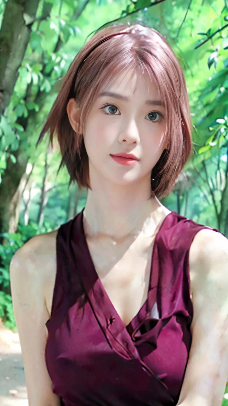 Sakura from naruto, konohagakure, photorealistic, beautiful, sleveless, perfect body, red 1 piece, pink short hair, big tits, slender body, bright skin, perfect face, masterpiece, double eyelids8k raw photo, imbright background, solo, cowboy shot, full body shot, facing camera, smiling a little, perfect photo