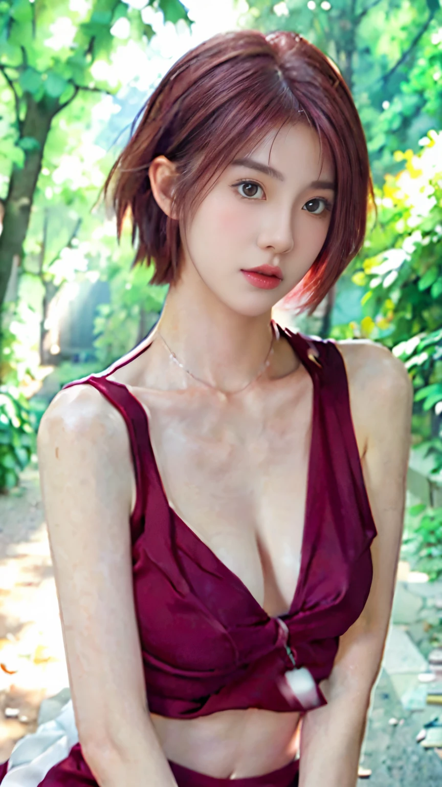 Sakura from naruto, konohagakure, photorealistic, beautiful, sleveless, perfect body, red 1 piece, pink short hair, big tits, slender body, bright skin, perfect face, masterpiece, double eyelids8k raw photo, imbright background, solo, cowboy shot, full body shot,