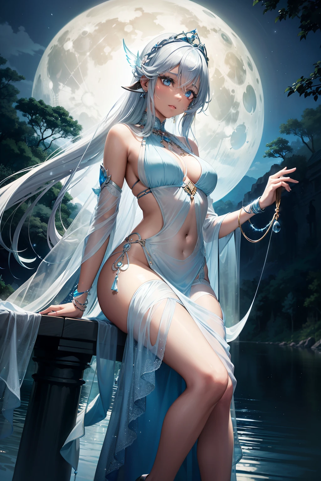 A woman with black skin, shimmering silver-blue hair, and bright eyes adorned in translucent and flowing garments, is seen tethered to a pillar by a rope. The serene scene unfolds by the edge of a tranquil lake beneath the full moon's gentle glow.
