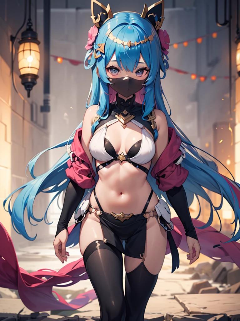 1girl, solo, chu qingcheng, white eyes, hair ornament, absurdly long hair, mouth mask, look at viewer, walking, Masterpiece, hiquality, relax, happy eyes, medium breast, pelvic curtain, multicolored hair, blue shiny hair, pink hair