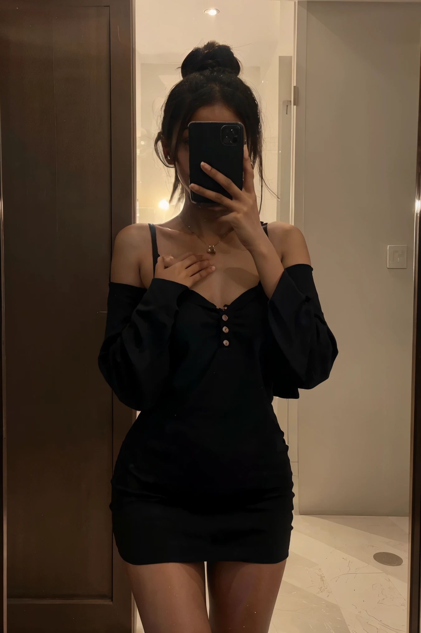 Close-up shot, Instagram photo of a 22-year-old Sri Lankan woman named Kasuni, (messy bun hair), fair skin, detailed hands, at night in a black dress in her luxury apartment, p_m_s, taking a selfie, selfie, holding a phone, take selfie with phone covering face, natural light, realistic, photorealistic, selfie pose, Realism,selfie,p_m_s