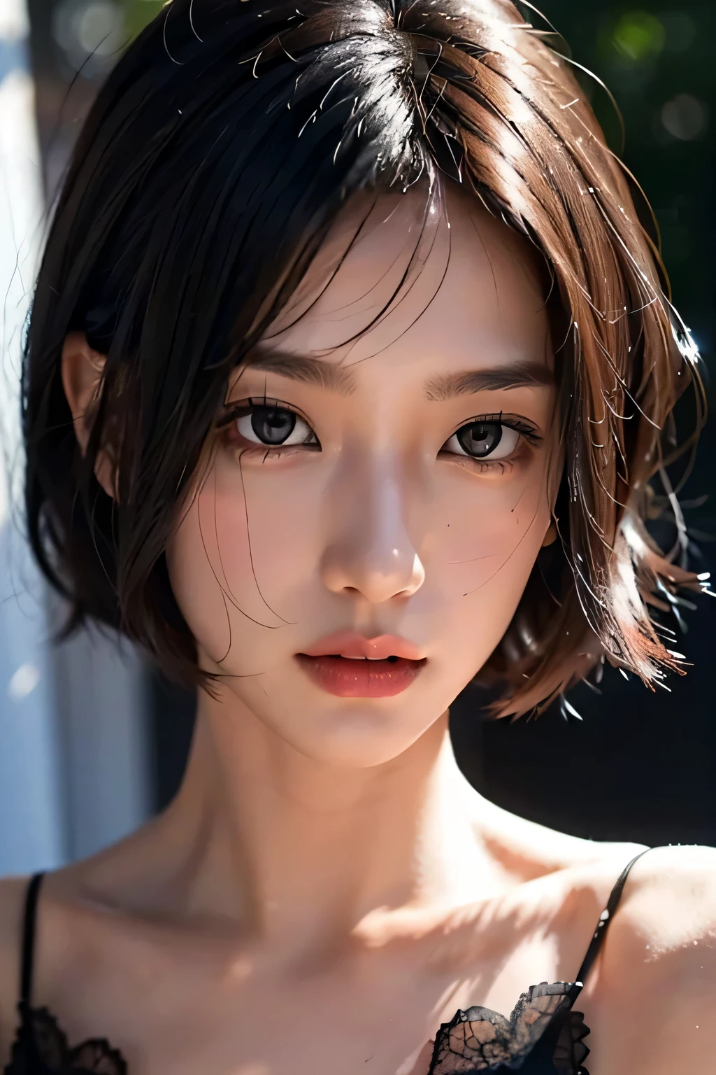 8k、High resolution、B girl fashion、beautiful girl、slender body、young、white skin,、narrow eyes,high nose,lighting that illuminates the face、clear image、intellectual beauty、Eyes staring straight ahead、skinny、no makeup、Black Lace Costume、short hair、anxious look、close-up image、When the light hits your face,Shopping mall、wear fur,shining hair、