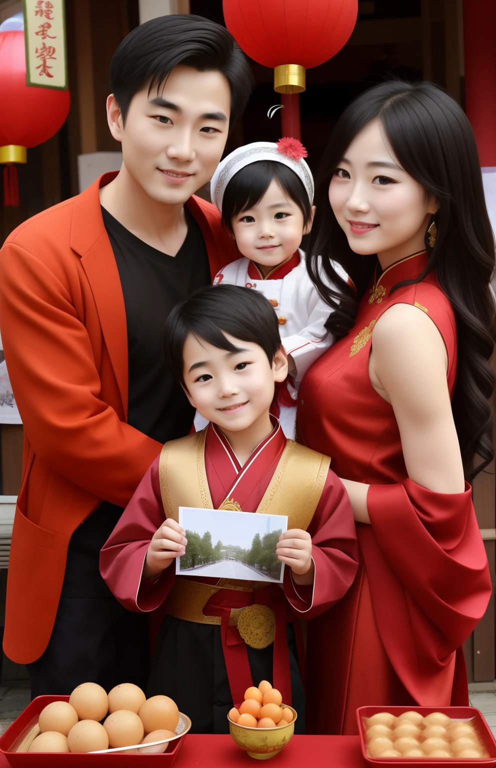 Family of four outdoors,There is a strong Spring Festival atmosphere on the street,Family members with smiles on their faces,Spring Festival decorations decorate the entire street。reunion,Frontal composition,Warm colors,standard lens,indoor,Natural light,static,joy,reunion,Ultra-fine face,Super beautiful face,Ultra-fine facial features,a little boy,Fashionable clothing,Dress handsomely,male god,goddess