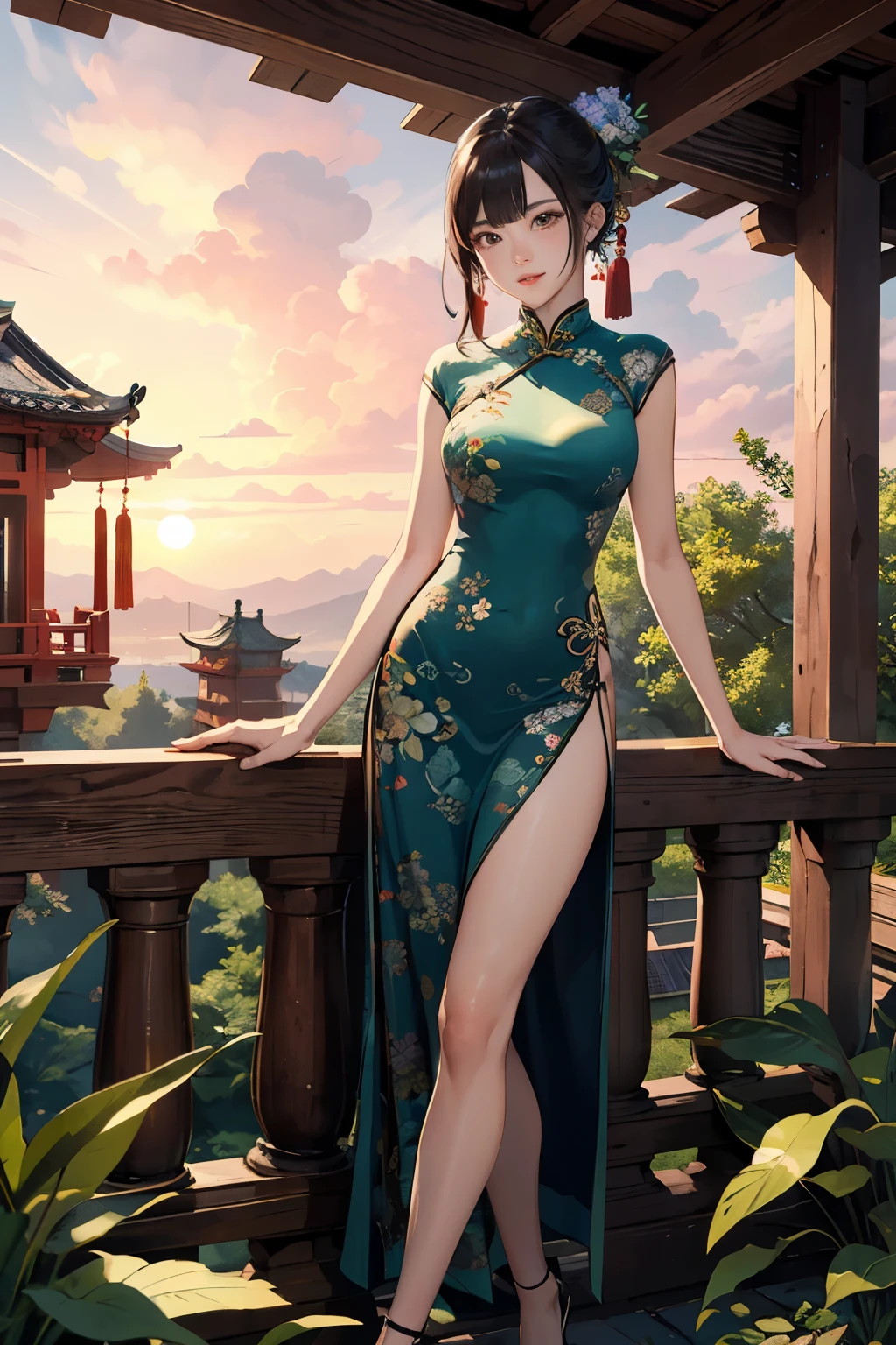 Surrealism, high detail, light, Ray tracing, perspective, Shoot at eye level, Ultra high quality, masterpiece, textured skin, 4k, best quality，girl wearing green cheongsam，Cheongsam with rich patterns，Beautiful facial features and bright smile，Wear hairpin，Colorful background，Full body image，sunset，outdoor，Chinese style ancient background with mostly plants and flowers