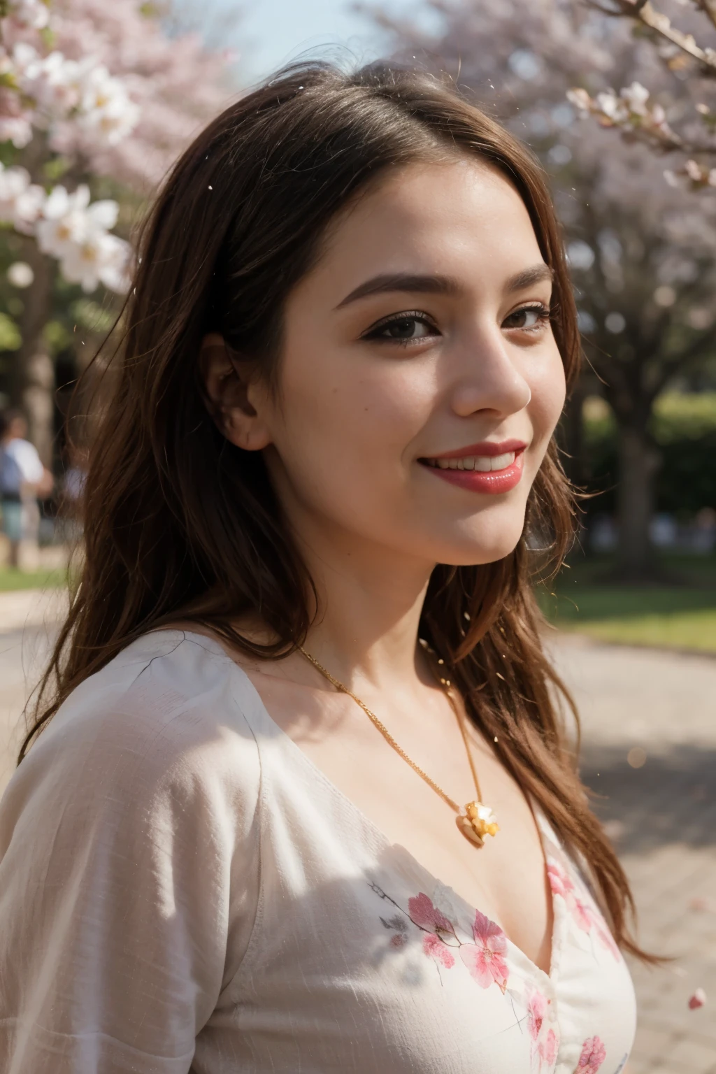 ((melhor qualidade)), ((obra de arte)), (detalhado), rosto perfeito,render,perfect makeup,egyptian eye liner,vivid red lipstick,red dust on cheeks,gold powder above eyes,shiny hair,perfect hair,red hair,big  smile,extremely happy,necklace,floral dress,natural light,hanami,sakura trees,sakura petals falling,pink petals,side view