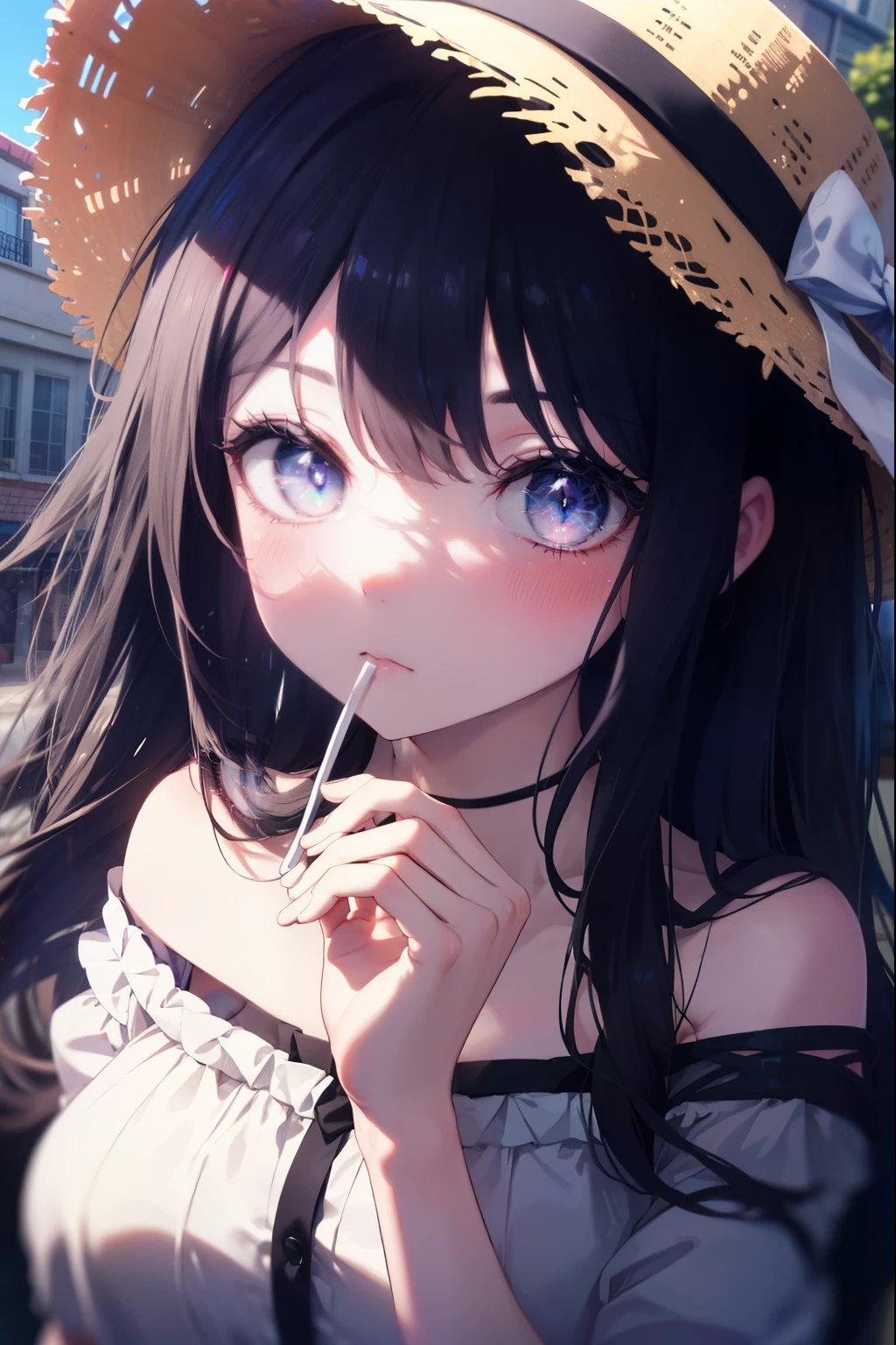 Takiuchi Kame, long hair, bangs, black hair, (purple eyes:1.2),Big straw hat,
white off shoulder dress,long skirt,heel sandals,walking,blush,blush,昼間
break outdoors,In town,building street,
break (masterpiece:1.2), highest quality, High resolution, unity 8k wallpaper, (figure:0.8), (detailed and beautiful eyes:1.6), highly detailed face, perfect lighting, Very detailed CG, (perfect hands, perfect anatomy),