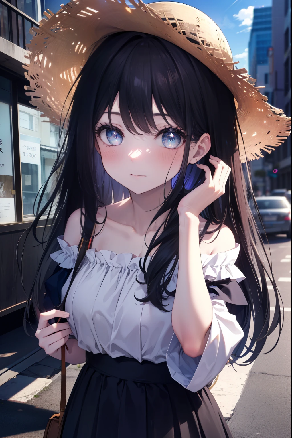 Takiuchi Kame, long hair, bangs, black hair, (purple eyes:1.2),Big straw hat,
white off shoulder dress,long skirt,heel sandals,walking,blush,blush,昼間
break outdoors,In town,building street,
break (masterpiece:1.2), highest quality, High resolution, unity 8k wallpaper, (figure:0.8), (detailed and beautiful eyes:1.6), highly detailed face, perfect lighting, Very detailed CG, (perfect hands, perfect anatomy),