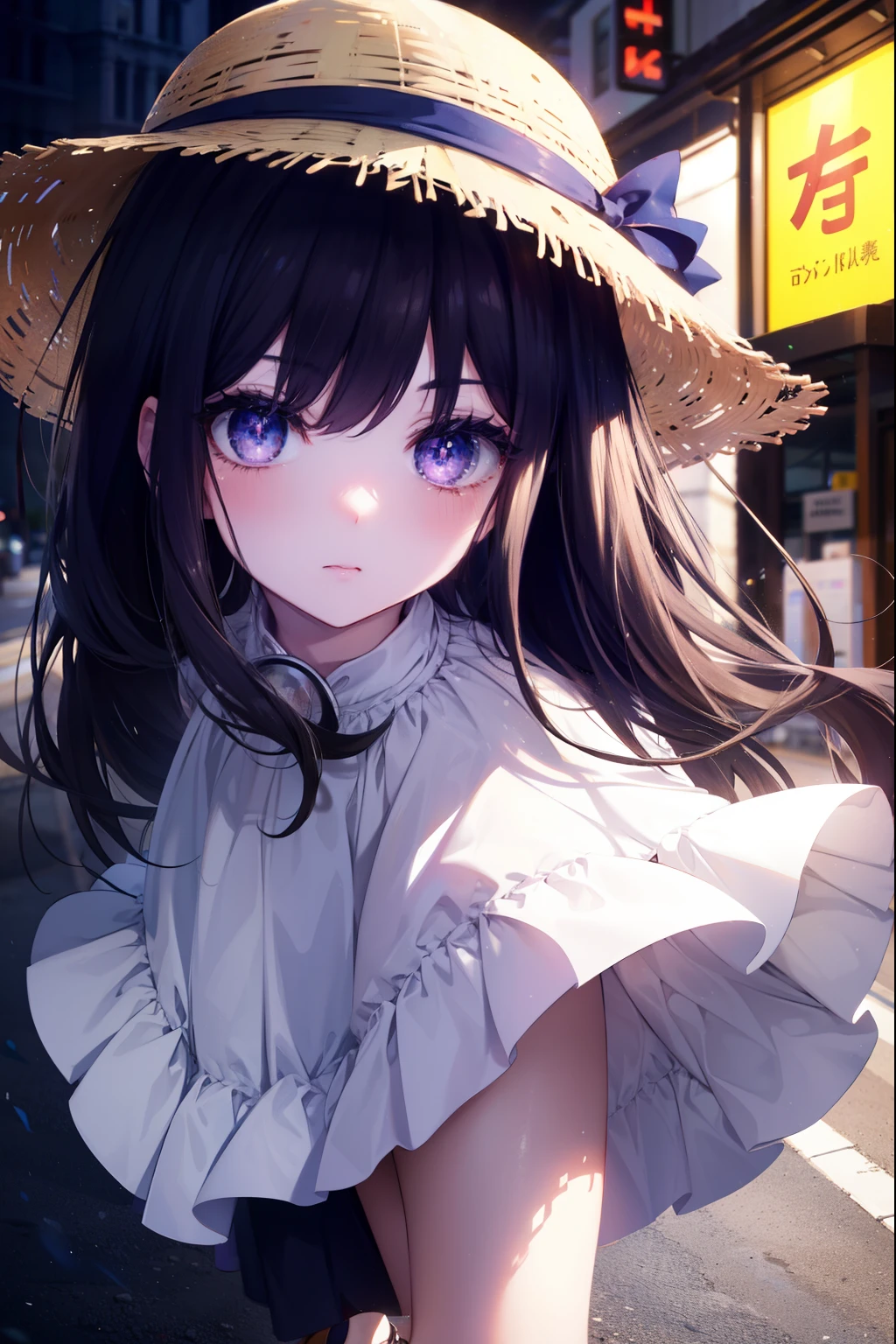 Takiuchi Kame, long hair, bangs, black hair, (purple eyes:1.2),Big straw hat,
white off shoulder dress,long skirt,heel sandals,walking,blush,blush,昼間
break outdoors,In town,building street,
break (masterpiece:1.2), highest quality, High resolution, unity 8k wallpaper, (figure:0.8), (detailed and beautiful eyes:1.6), highly detailed face, perfect lighting, Very detailed CG, (perfect hands, perfect anatomy),