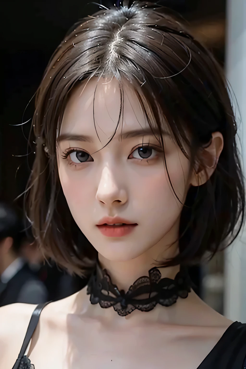 8k、High resolution、B girl fashion、beautiful girl、slender body、young、white skin,、narrow eyes,high nose,lighting that illuminates the face、clear image、intellectual beauty、Eyes staring straight ahead、skinny、no makeup、Black Lace Costume、short hair、anxious look、close-up image、When the light hits your face,Shopping mall、wear fur,shining hair、