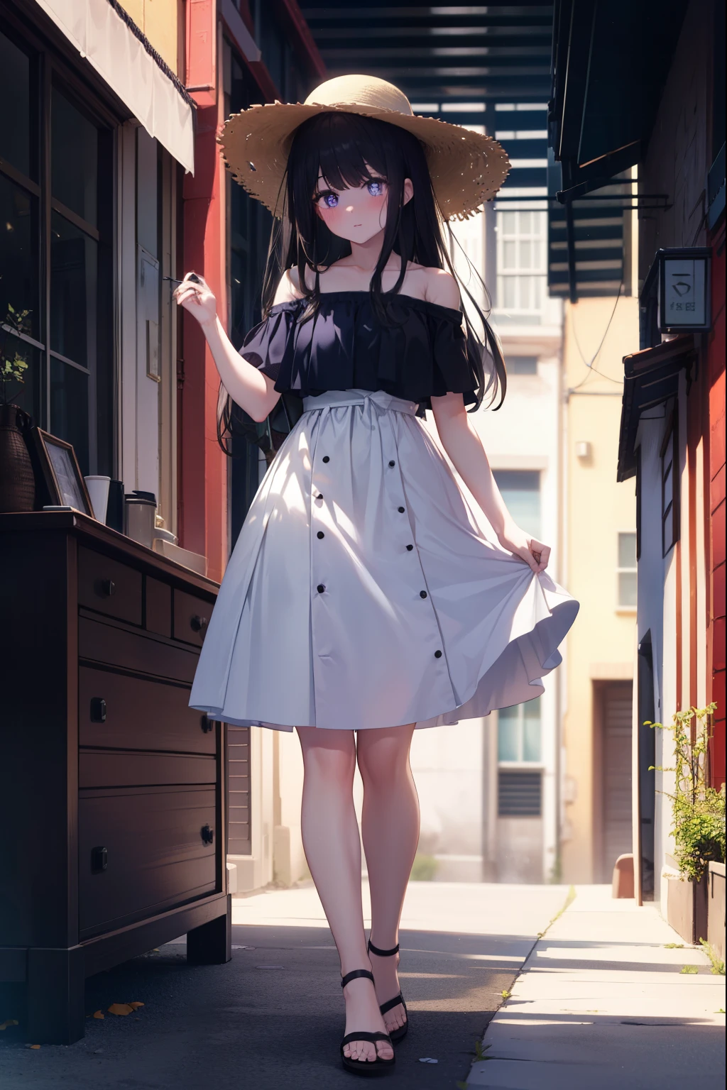 Takiuchi Kame, long hair, bangs, black hair, (purple eyes:1.2),Big straw hat,
white off shoulder dress,long skirt,heel sandals,walking,blush,blush,昼間
break outdoors,In town,building street,
break (masterpiece:1.2), highest quality, High resolution, unity 8k wallpaper, (figure:0.8), (detailed and beautiful eyes:1.6), highly detailed face, perfect lighting, Very detailed CG, (perfect hands, perfect anatomy),