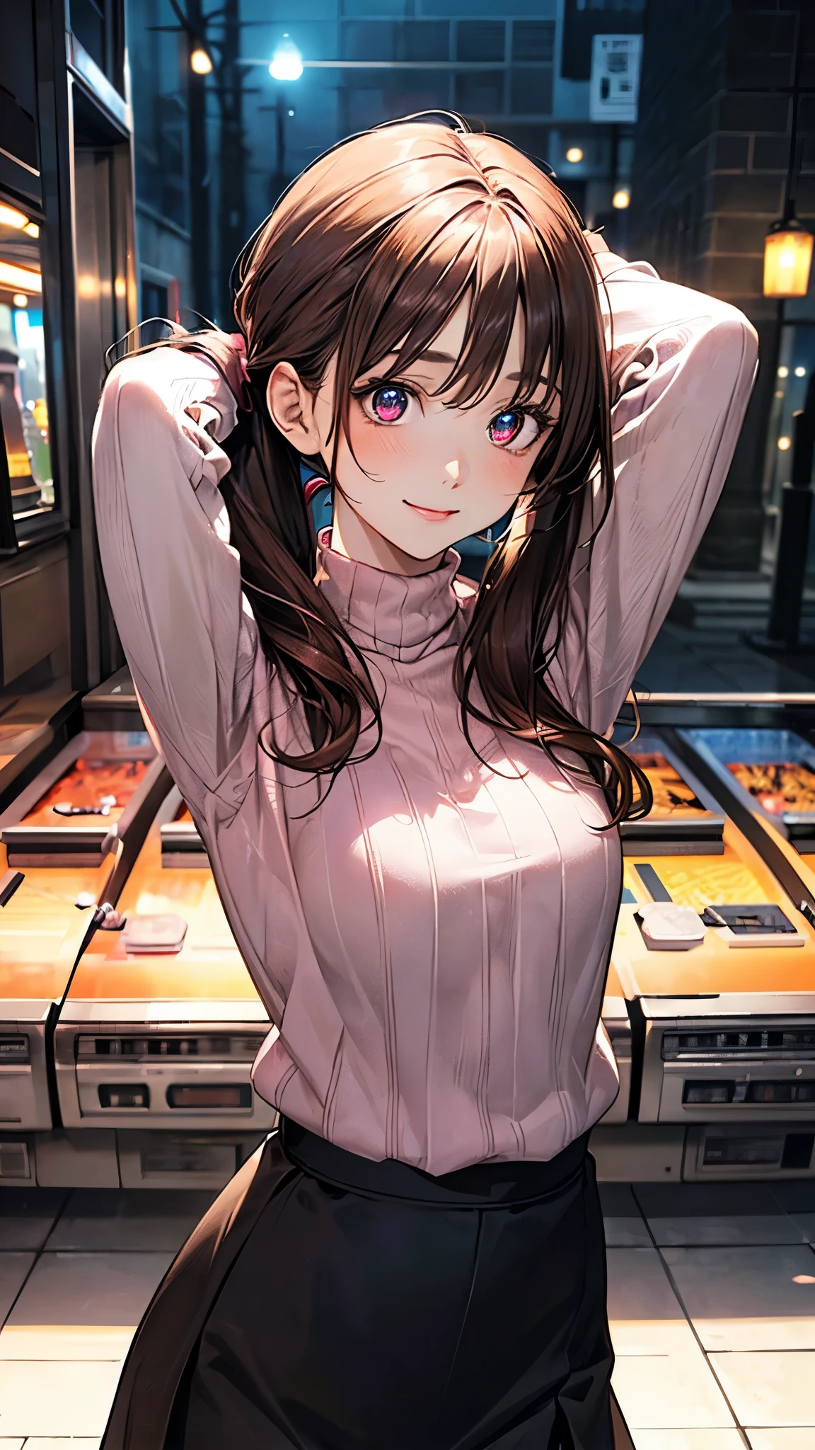 Masterpiece, best quality, 1girl, mature woman, long brown hair, beauty brown eyes, (at crane game), beauty wavy hair, (( beauty casual cloths )), big tits, side view, laugh, blushing, chokers, earrings, volumetric lighting, warm lighting