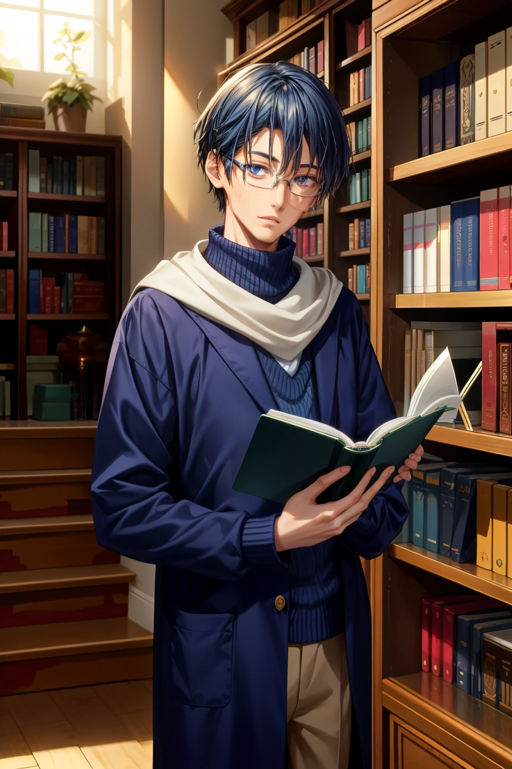 amale student wearing glasses, tall, short hair, handsome,was picking up a book on a shelf and there was a spark of otherworldly light in the novel