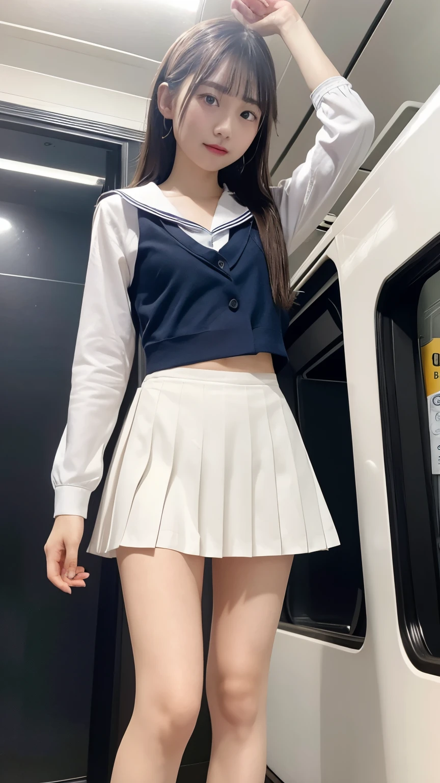 (((masterpiece, ultra high res, 8k))),((best quality, high quality)) (ultra-detailed small face),(convenient censoring, extremely detailed thick line drawing, )
BREAK,
photo of girls, standing in the crowded commuter train, (angle from below), (bare-legs:1.4), wearing (crop-top:0.8) white (basic school sailor uniform), long sleeve, blue sailor collar, shiny blue tie, ((upper-part-cleavage)), pleated blue_mini_skirt, closed bare-legs, (loafer), beautiful eyes,
