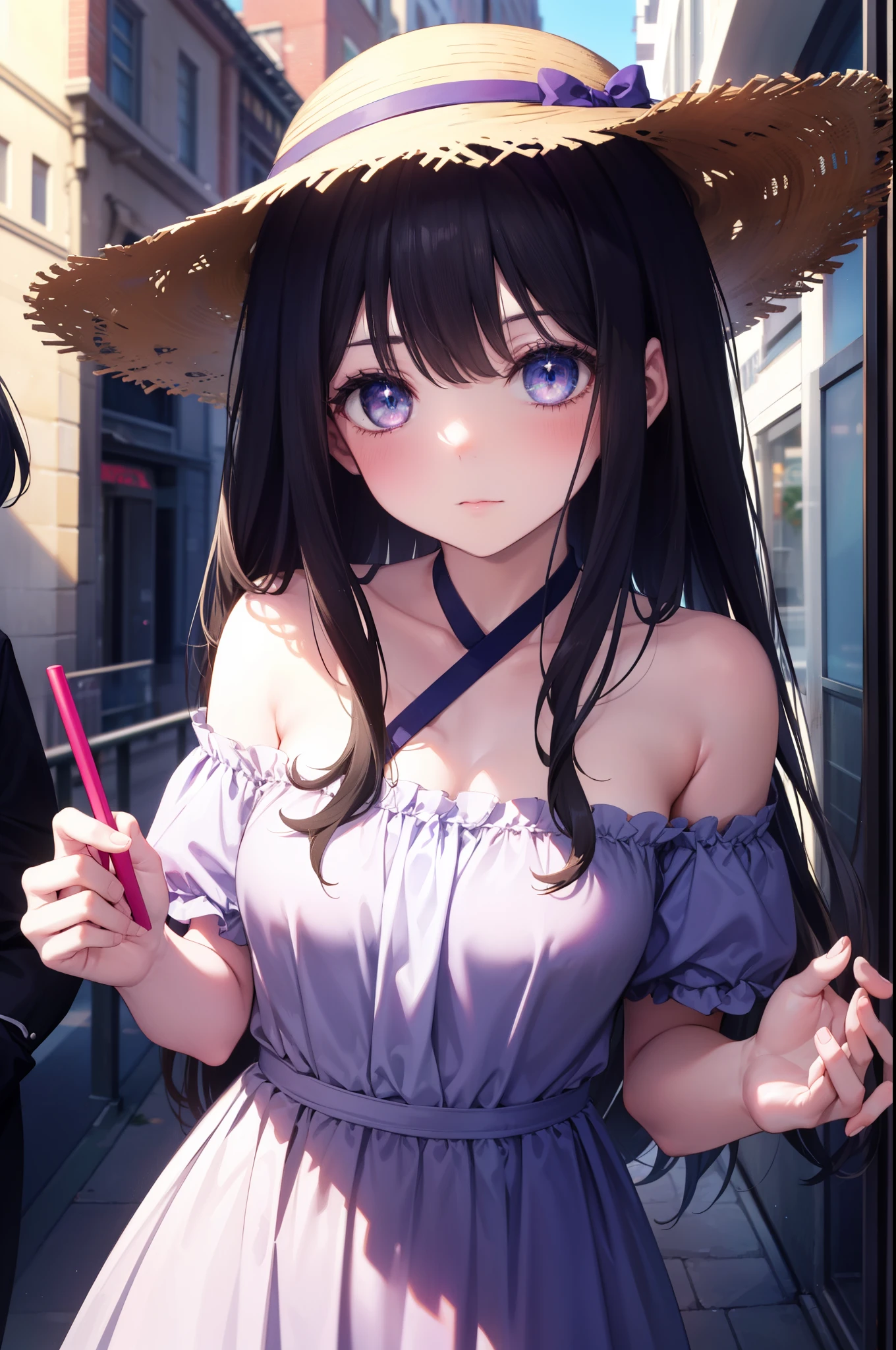 Takiuchi Kame,  long hair, bangs, black hair, (purple eyes:1.2),Big straw hat,
white off shoulder dress,long skirt,heel sandals,walking,blush,blush,昼間
break outdoors,In town,building street,
break (masterpiece:1.2), highest quality, High resolution, unity 8k wallpaper, (figure:0.8), (detailed and beautiful eyes:1.6), highly detailed face, perfect lighting, Very detailed CG, (perfect hands, perfect anatomy),