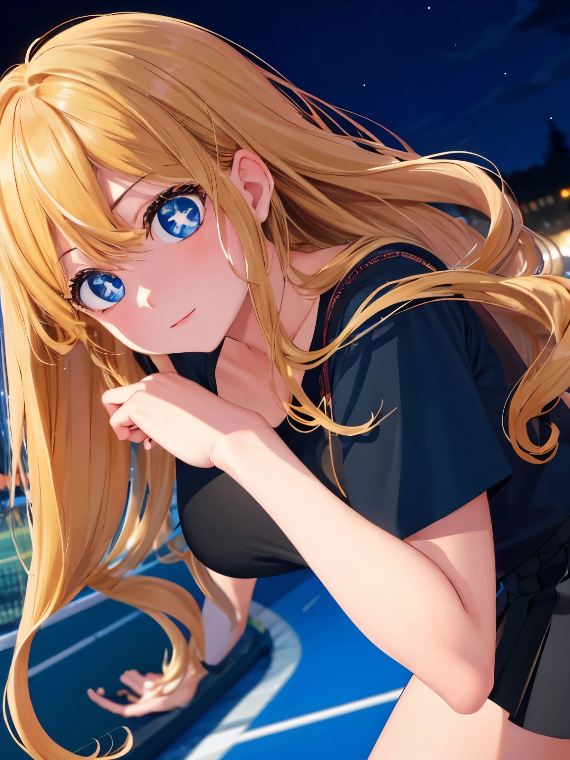 1woman,Facing sideways, camera angle from the side, at night,close up photo,black t-shirt,black mini skirt,tennis skirt,Very big breasts,Blonde hair,long hair,wavy hair,bangs,blue eyes,ultra detail,ultra Hd, masterpiece,4k