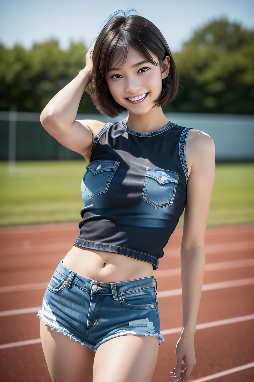 one girl, (a beauty girl, delicate girl:1.3), (, gal:1.3), (denim shorts:1.2), very fine eye definition, (symmetrical black eyes:1.3), stare at the camera, A big smile, show teeth, (trackfield view:1.2), small breasts, brown short hair, girl, (eyes and faces with detailed:1.5), (masterpiece, best quality, ultra detailed, detailed face, 8k), Swayback stance