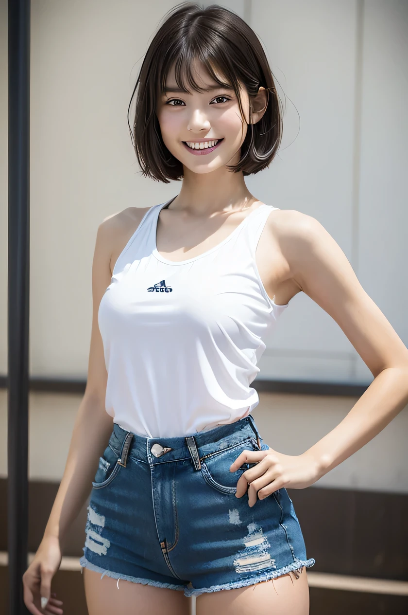 one girl, (a beauty girl, delicate girl:1.3), (16 years old, gal:1.3), (denim shorts:1.2), very fine eye definition, (symmetrical black eyes:1.3), stare at the camera, A big smile, show teeth, (trackfield view:1.2), small breasts, brown short hair, girl, (eyes and faces with detailed:1.5), (masterpiece, best quality, ultra detailed, detailed face, 8k), Swayback stance