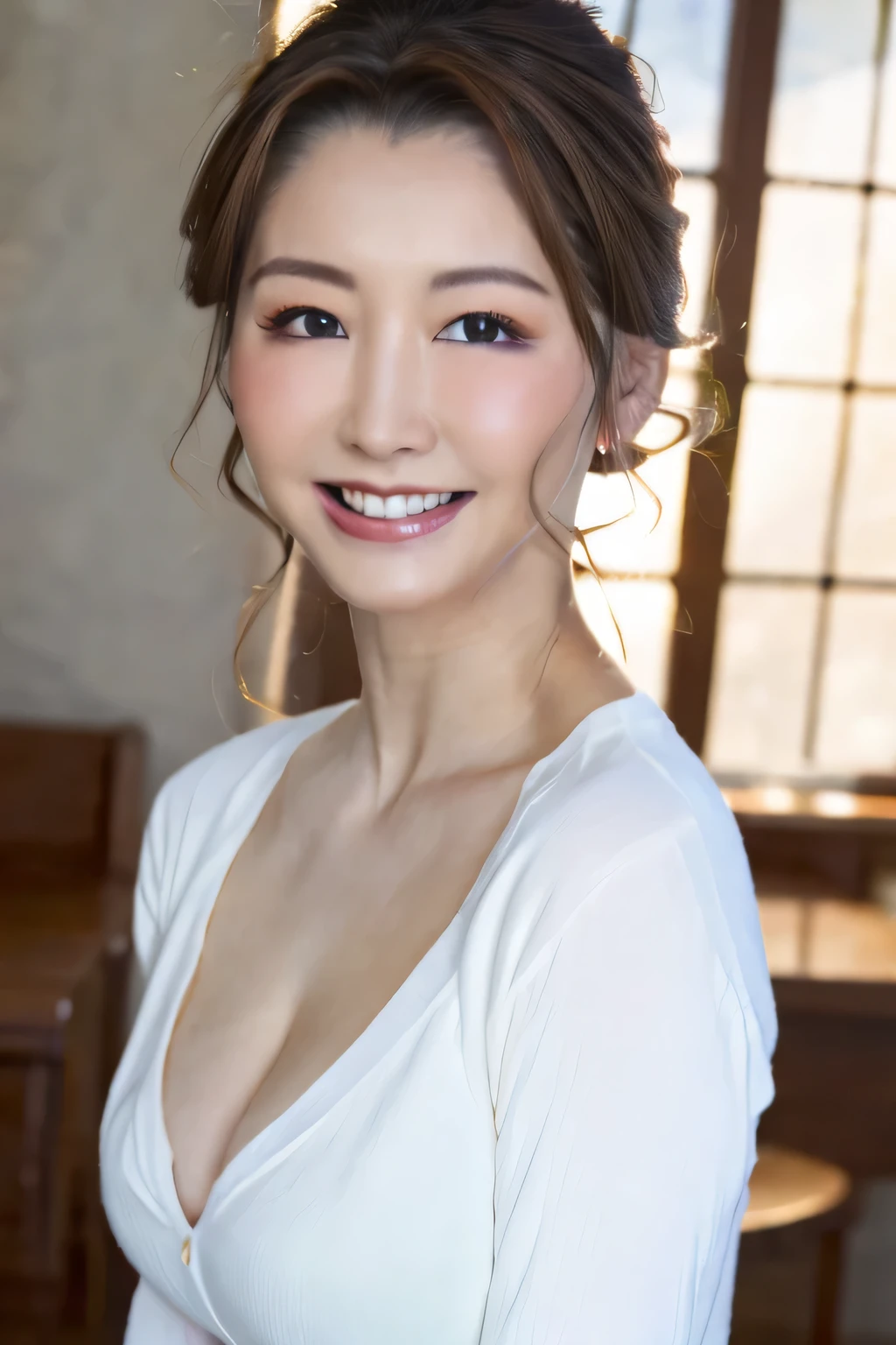 ((best image quality, 8k, masterpiece:1.3)),Beautiful woman:1.3, (casual hairstyles, :1.2), sexy dress,no makeup, detailed eye, double eyelid,Smiling。Let me'Please take a photo with a cute pose、big breasts,close,close chest,beautiful background