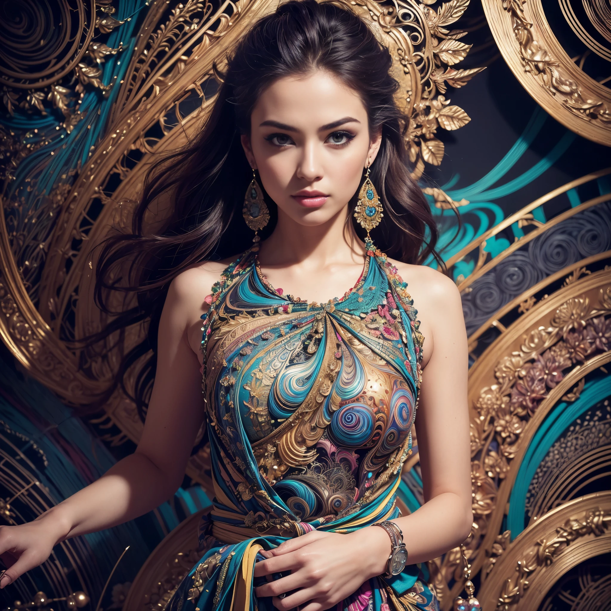 (masterpiece, top quality, best quality, official art, beautiful and aesthetic:1.2), (1girl:1.3), extremely detailed,(fractal art:1.1),(colorful:1.1),highest detailed,(zentangle:1.2), (dynamic pose), (abstract background:1.5), (japanese dress:1.2), (shiny skin), (many colors:1.4), ,(earrings:1.4),