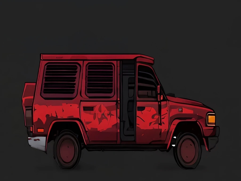 there is a red truck with graffiti on it parked in a parking lot, vehicle illustration, vehicle concept photo!!, vehicle design, post - apocalyptic car blueprint, low detailed. digital painting, car concept art, concept illustration, cyberpunk car, red car, anime art vehicle concept art, digitally painted, concept art, concept art, snake van, from hotline miami