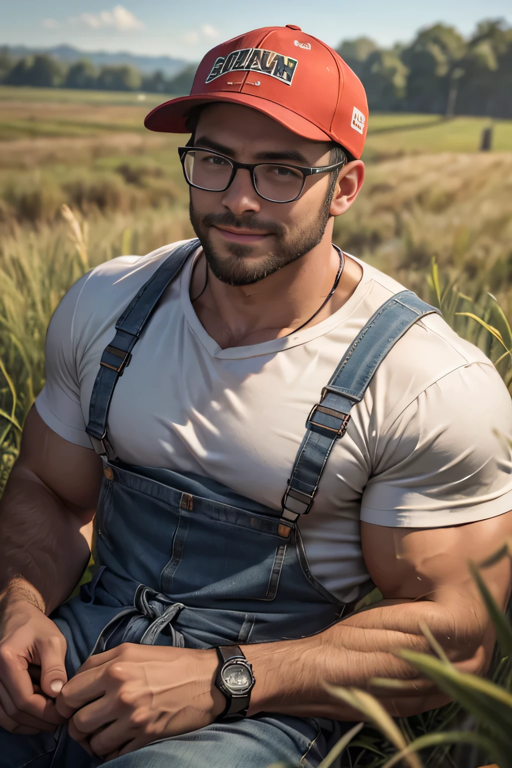 An award-winning original photo，A wild muscular man, (30 years old daddy:1.1), 1boy, Solo, (wearing red plaid overall), (white T shirt), (big shoulders), muscular, short hair, stubbles, Short beard, Beautiful eyes:1.3, ), (Detailed face:1.3), (wearing glasses), (baseball cap), smiles, Dynamic Angle, volumetric lighting, (Best quality, A high resolution, Photorealistic), Cinematic lighting, Masterpiece, RAW photo, Intricate details, hdr, depth of field, paddyfield in the background, from above, golden sunshine