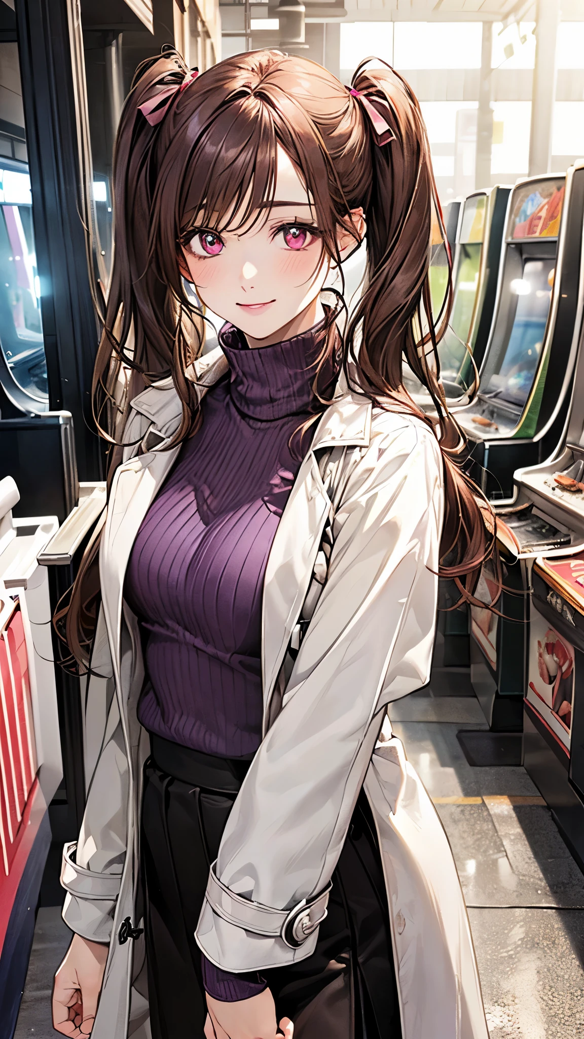 (masterpiece:1.2, top-quality), (realistic, photorealistic:1.4), beautiful illustration, (natural side lighting, movie lighting), nsfw,
looking at viewer, (face focus, upper body), 1 girl, japanese, high school girl, perfect face, cute and symmetrical face, shiny skin,
(long hair:1.5, twintails:1.4, dark brown hair), asymmetrical bangs, dark red eyes, glowing eyes, big eyes, drooping eyes, long eye lasher, (medium breasts), slender, dark red hair ribbon,
beautiful hair, beautiful face, beautiful detailed eyes, beautiful clavicle, beautiful body, beautiful chest, beautiful thigh, beautiful legs, beautiful fingers,
((white trench coat, light purple muffler, brown purple long sleeve turtleneck sweater, white collared shirts, dark brown prairie skirt with pink line)),
(beautiful scenery), winter, evening, (amusement arcade), walking, (arms behind head), (lovely smile, upper eyes),