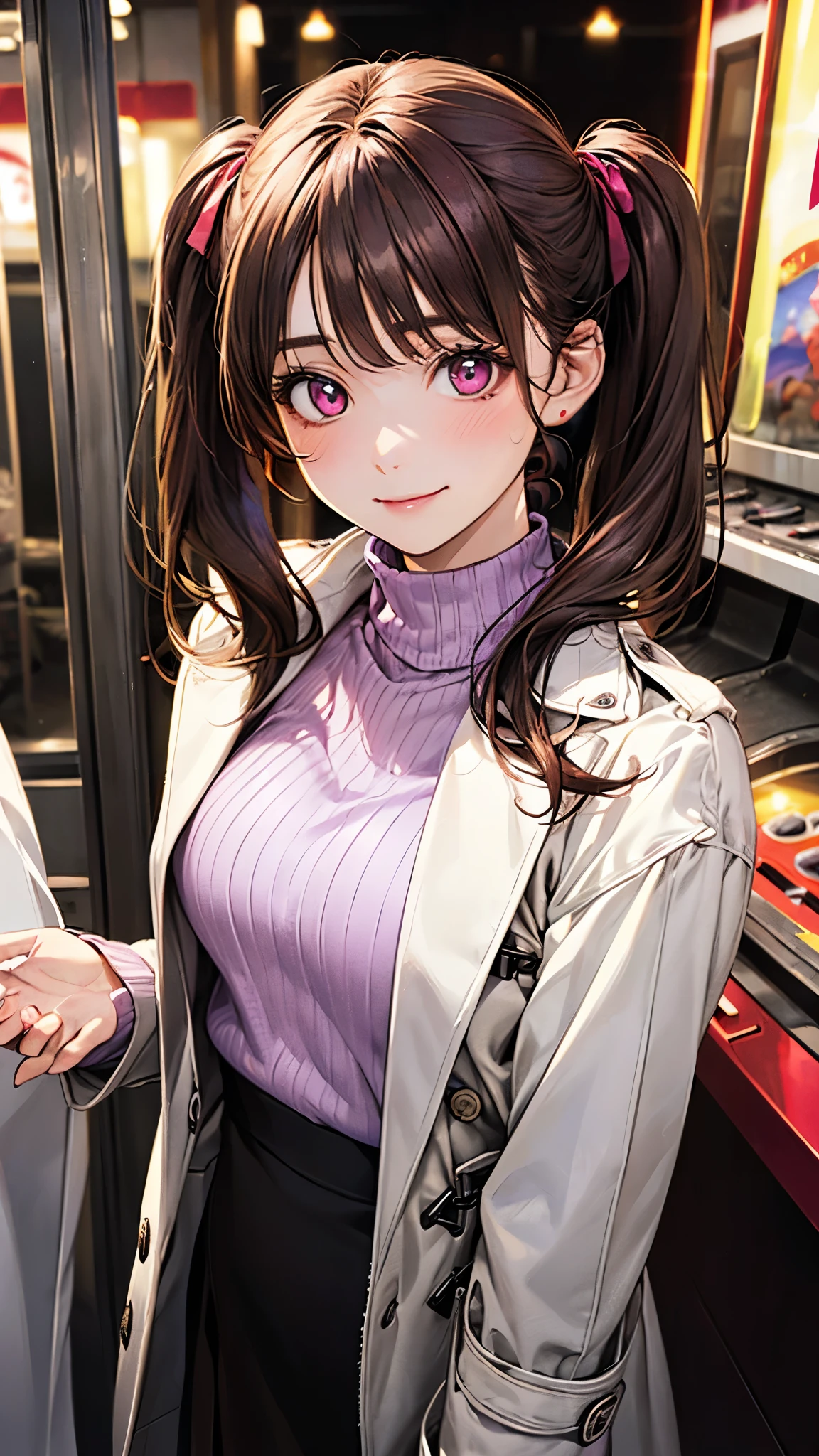(masterpiece:1.2, top-quality), (realistic, photorealistic:1.4), beautiful illustration, (natural side lighting, movie lighting), nsfw,
looking at viewer, (face focus, upper body), 1 girl, japanese, high school girl, perfect face, cute and symmetrical face, shiny skin,
(long hair:1.5, twintails:1.4, dark brown hair), asymmetrical bangs, dark red eyes, glowing eyes, big eyes, drooping eyes, long eye lasher, (medium breasts), slender, dark red hair ribbon,
beautiful hair, beautiful face, beautiful detailed eyes, beautiful clavicle, beautiful body, beautiful chest, beautiful thigh, beautiful legs, beautiful fingers,
((white trench coat, (light purple muffler), brown purple long sleeve turtleneck sweater, white collared shirts, dark brown prairie skirt with pink line)),
(beautiful scenery), winter, evening, (amusement arcade), walking, (lovely smile, upper eyes),