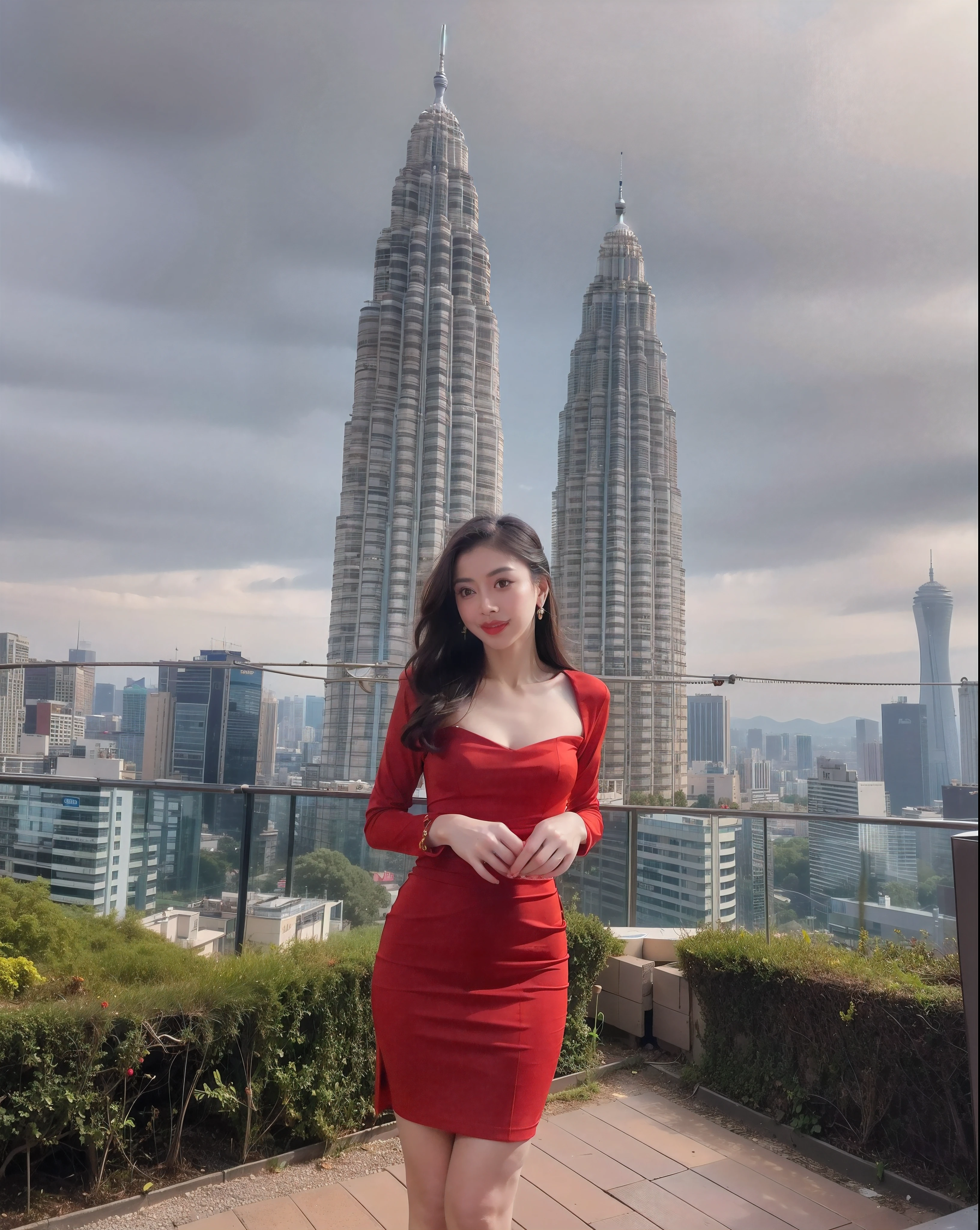 8k, Super details, Araf woman in red dress standing on the roof,Can see the Petronas Towers, Dilireba, malaysian, Amaranth, Inspired by Cheng Jiasui, wearing red clothes, Wearing a red cheongsam, sexy red dress, young beautiful Amaranth, with city as background, wearing red clothes