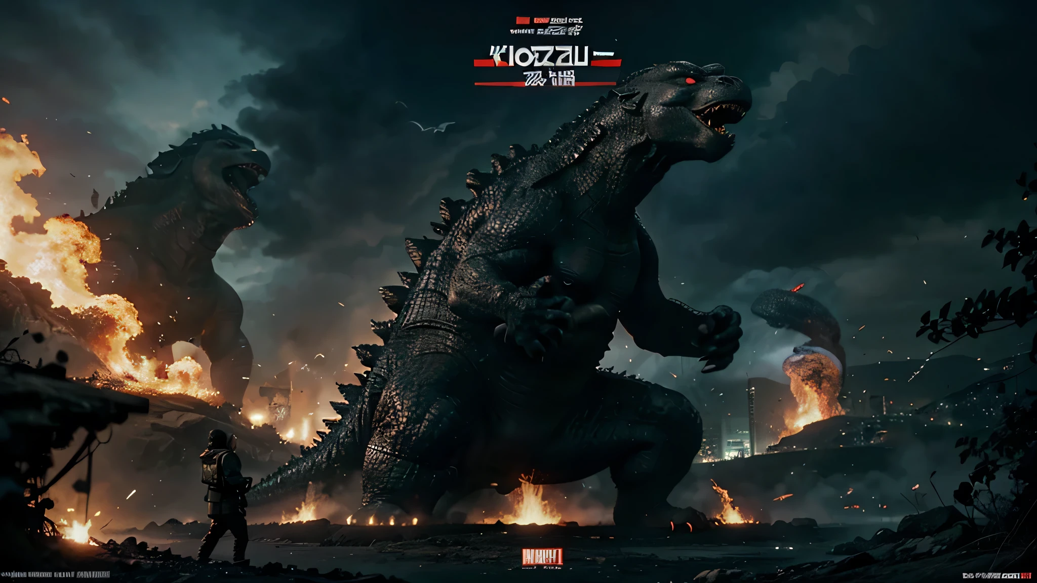 Godzilla movie poster、A man with a serious expression on his face with Godzilla in the background、、profile、Godzilla is destroying the city、Wearing a black leather jacket、Black Hair、1 male