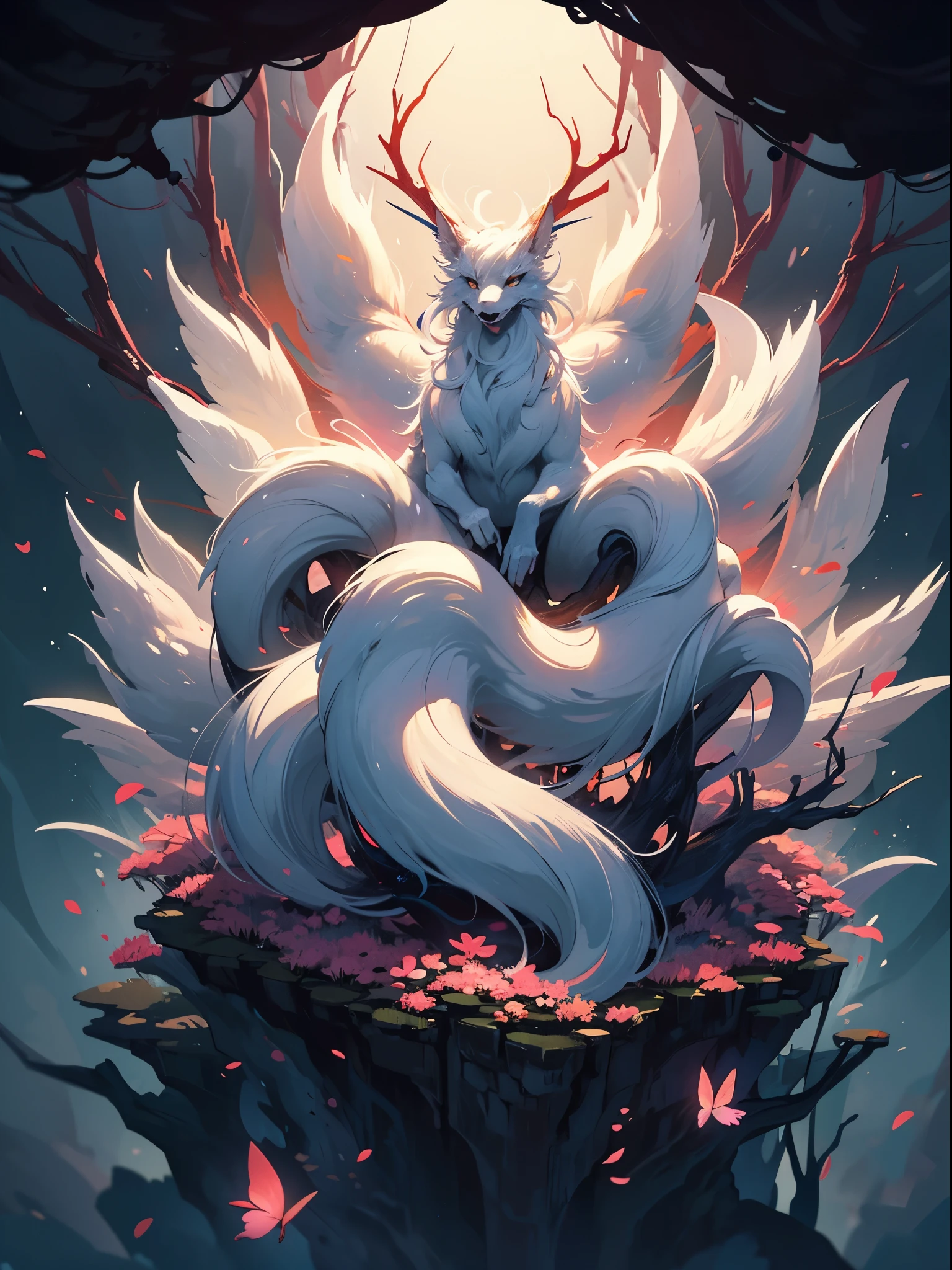 The white nine-tailed fox sits on a branch，White hair all over，Nine tails，The branches have flowers，There are butterflies，A mystical environment，Intricately Hyper detailing, Background of the night, 32K, HD, unity, High resolution, best quality, masterpiece , wallpaper, masterpiece 