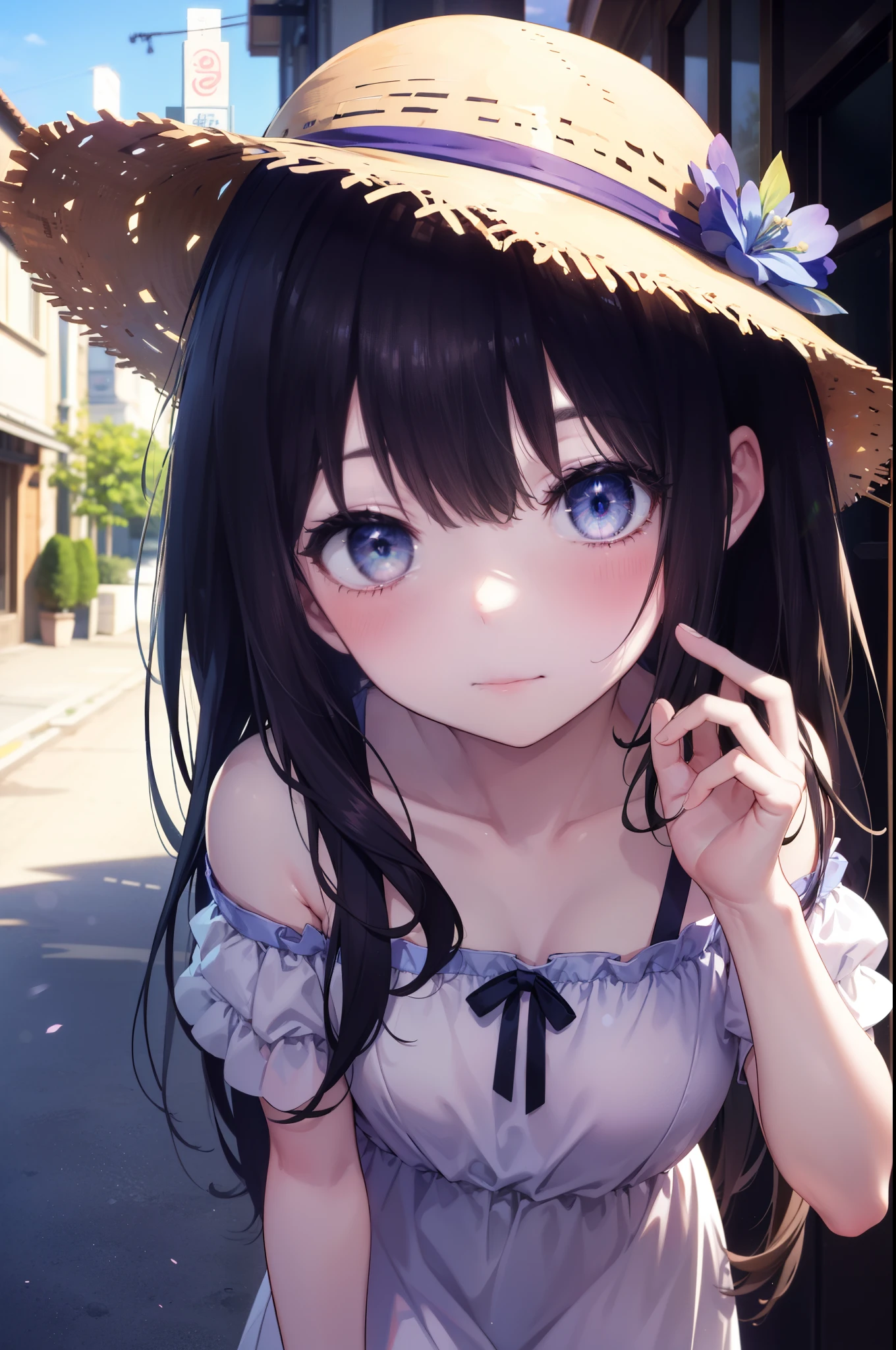 Takiuchi Kame, long hair, bangs, black hair, (purple eyes:1.2),Big straw hat,
white off shoulder dress,long skirt,heel sandals,walking,blush,blush,昼間
break outdoors,In town,building street,
break (masterpiece:1.2), highest quality, High resolution, unity 8k wallpaper, (figure:0.8), (detailed and beautiful eyes:1.6), highly detailed face, perfect lighting, Very detailed CG, (perfect hands, perfect anatomy),