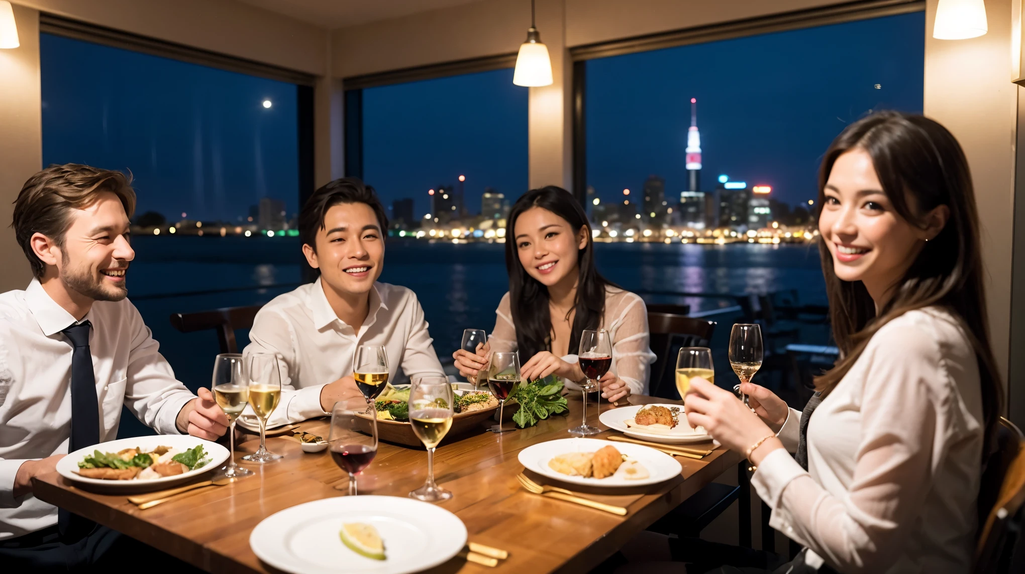 64k, Hmm, highest quality, masterpiece: 1.2), (realistic, photorealistic: 1.37), Super detailed, celebration party、beauty、Charm、beautiful mature woman、3 women who love wine、three men、Champagne、sparkling wine、winter night、restaurantでワイン宴会、(slimな男女4名),(Wine party for 5 people)、(slimフェイス),Happy、 最高なsmile、Fox face、Raccoon face、Berry Short、(because I&#39;thin), (brown hair), (shortcut), long sleeve shirt、winter fashion、Columbia、Brazilian、Japanese、Dutch、German、Portuguese、Belgian、Italian、French, (squirt), (slimボティ), (brown hair), (shortcut), 端正なbeauty、cheeks turn a little red, (41 years old), 38 years old, 35 years old、32 years old、 43 years old、A beautiful and detailed night view spreads out outside the window......., restaurant, wine glassが座っている, At night, in a prominent place (from the Upper body) nova frog style, actress, model, Upper body, White wine, slim, wine glass, Very beautiful night view, wine glass Put in the Middle, Happy smile, (smile: 1.15), 