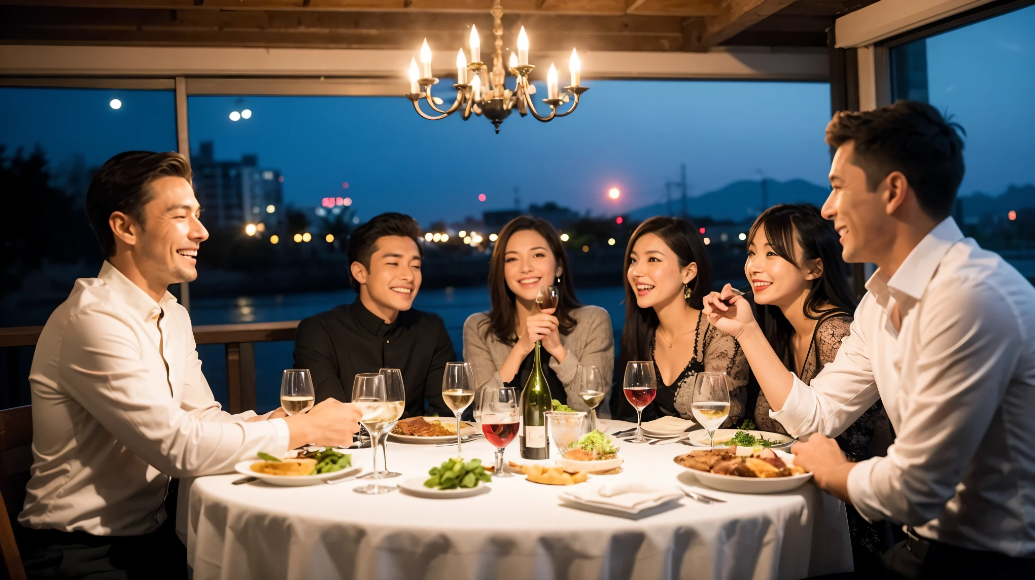 64k, Hmm, highest quality, masterpiece: 1.2), (realistic, photorealistic: 1.37), Super detailed, celebration party、beauty、Charm、beautiful mature woman、3 women who love wine、three men、Champagne、sparkling wine、winter night、restaurantでワイン宴会、(slimな男女4名),(Wine party for 5 people)、(slimフェイス),Happy、 最高なsmile、Fox face、Raccoon face、Berry Short、(because I'thin), (brown hair), (shortcut), long sleeve shirt、winter fashion、Columbia、Brazilian、Japanese、Dutch、German、Portuguese、Belgian、Italian、French, (squirt), (slimボティ), (brown hair), (shortcut), 端正なbeauty、cheeks turn a little red, (41 years old), 38 years old, 35 years old、32 years old、 43 years old、A beautiful and detailed night view spreads out outside the window......., restaurant, wine glassが座っている, At night, in a prominent place (from the Upper body) nova frog style, actress, model, Upper body, White wine, slim, wine glass, Very beautiful night view, wine glass Put in the Middle, Happy smile, (smile: 1.15),