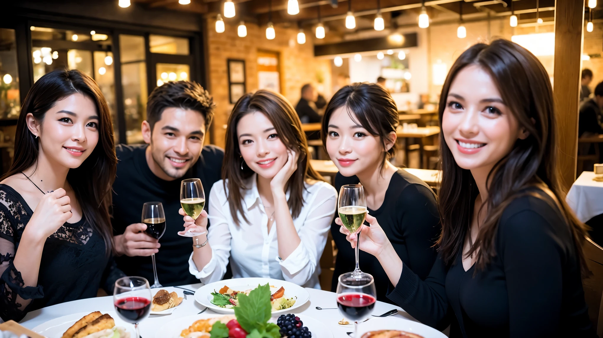 64k, Hmm, highest quality, masterpiece: 1.2), (realistic, photorealistic: 1.37), Super detailed, celebration party、beauty、Charm、beautiful mature woman、3 women who love wine、three men、Champagne、sparkling wine、winter night、restaurantでワイン宴会、(slimな男女4名),(Wine party for 5 people)、(slimフェイス),Happy、 最高なsmile、Fox face、Raccoon face、Berry Short、(because I'thin), (brown hair), (shortcut), long sleeve shirt、winter fashion、Columbia、Brazilian、Japanese、Dutch、German、Portuguese、Belgian、Italian、French, (??????), (slimボティ), (brown hair), (shortcut), 端正なbeauty、cheeks turn a little red, (41 years old), 38 years old, 35 years old、32 years old、 43 years old、A beautiful and detailed night view spreads out outside the window......., restaurant, wine glassが座っている, At night, in a prominent place (from the Upper body) nova frog style, actress, model, Upper body, White wine, slim, wine glass, Very beautiful night view, wine glass Put in the Middle, Happy smile, (smile: 1.15),
